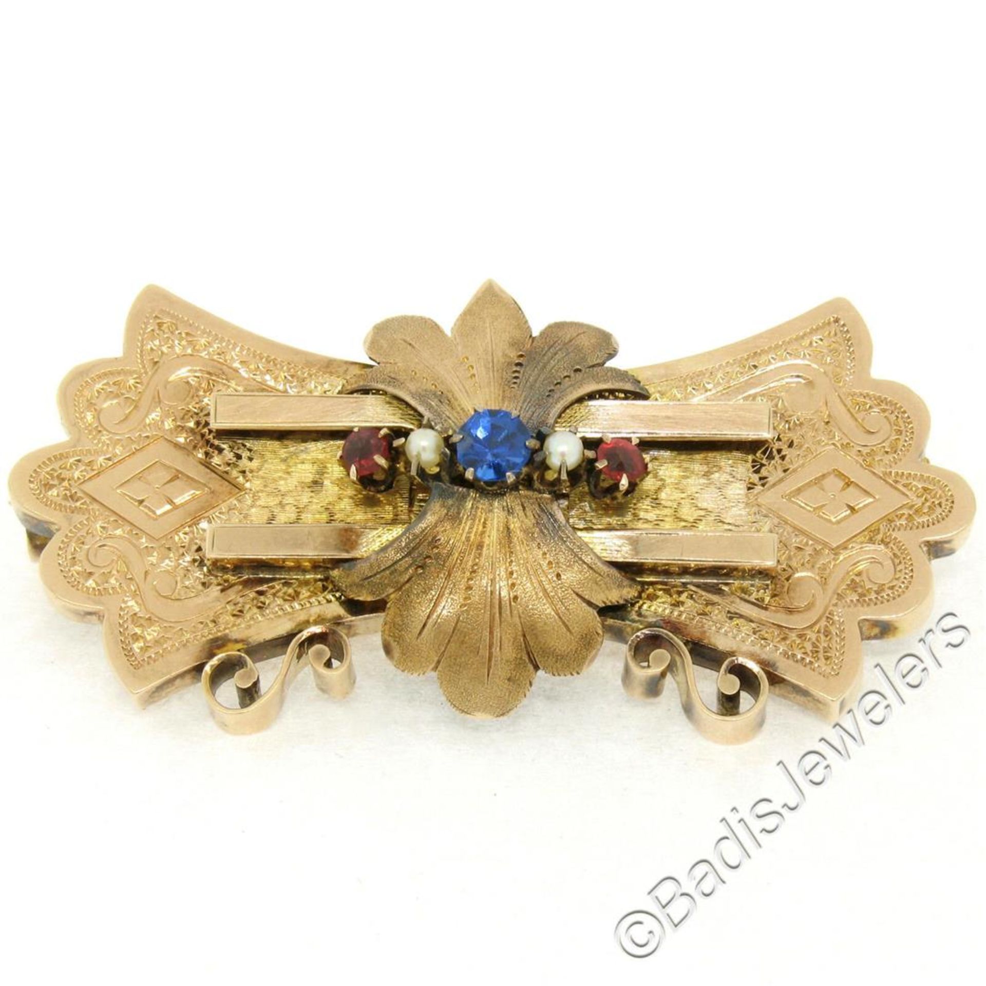 Antique Victorian Engraved Etched 9k Rose Gold Sapphire Ruby & Pearl Brooch Pin - Image 3 of 8