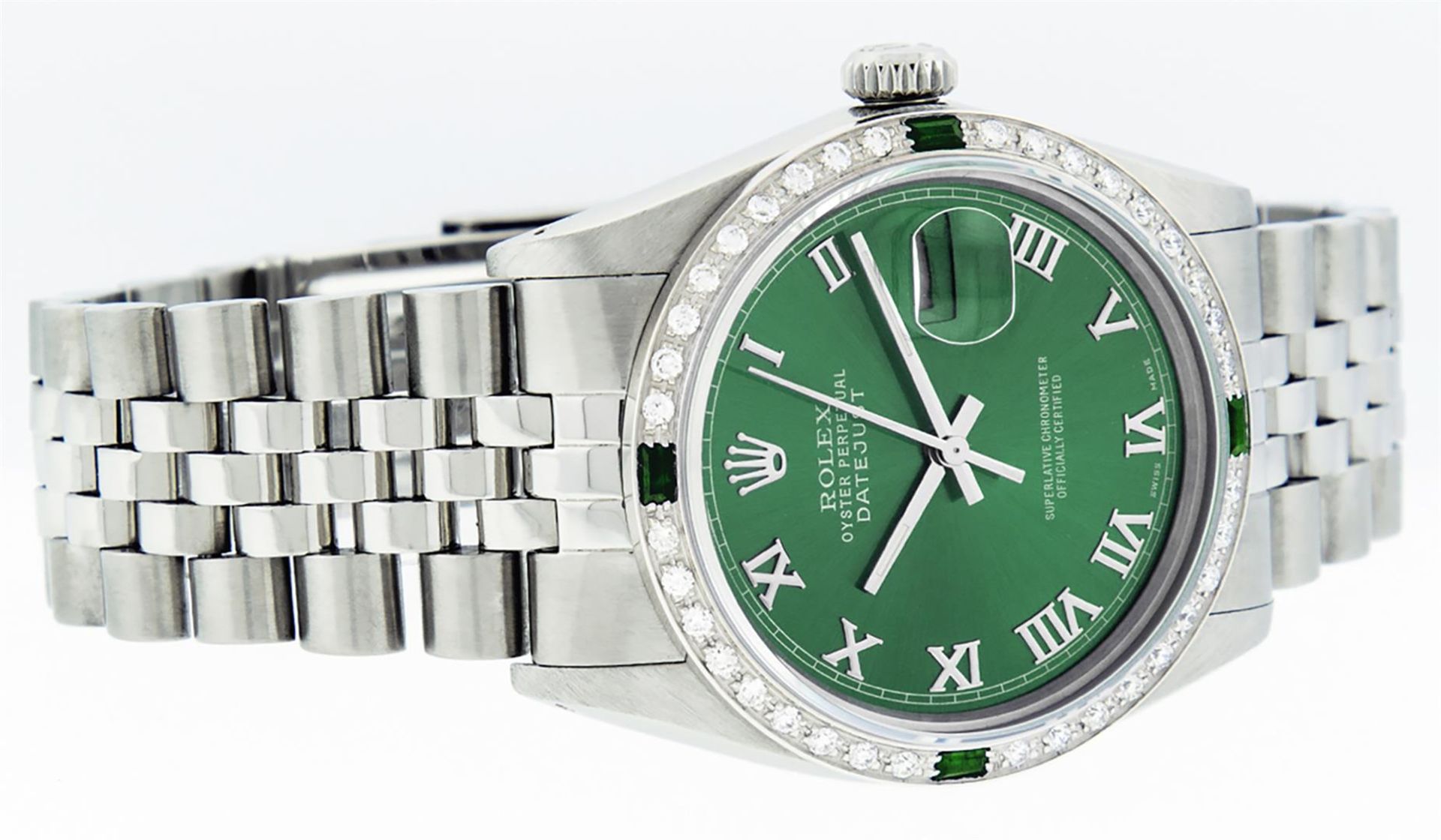 Rolex Mens Stainless Steel Green Roman Diamond & Emerald Datejust Wristwatch - Image 4 of 9