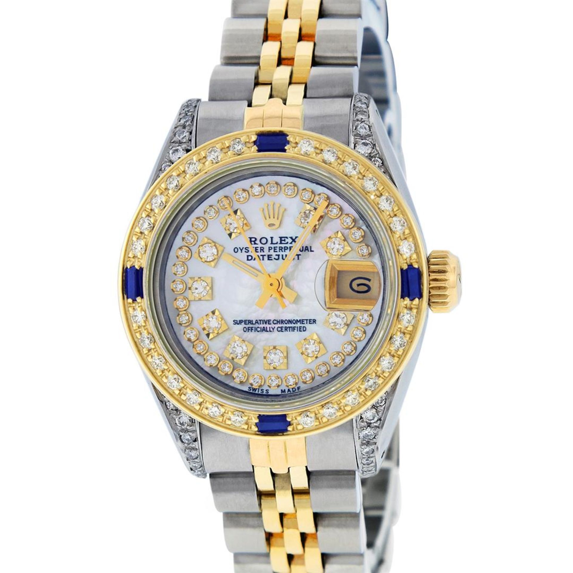 Rolex Ladies 2 Tone Mother Of Pearl String Diamond Lugs & Sapphire Datejust Wris - Image 2 of 6