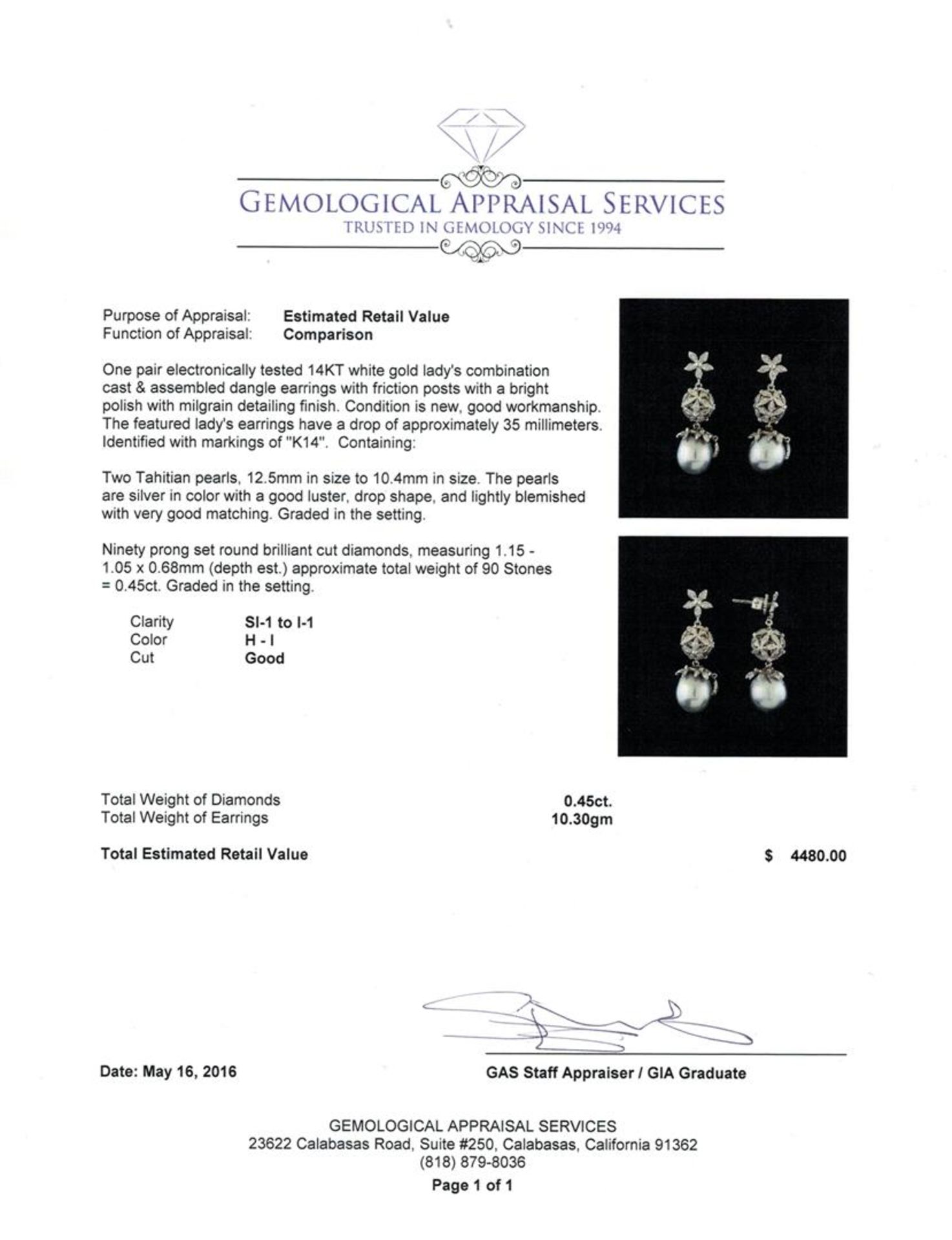 Tahitian Pearl and Diamond Earrings - 14KT White Gold - Image 3 of 3