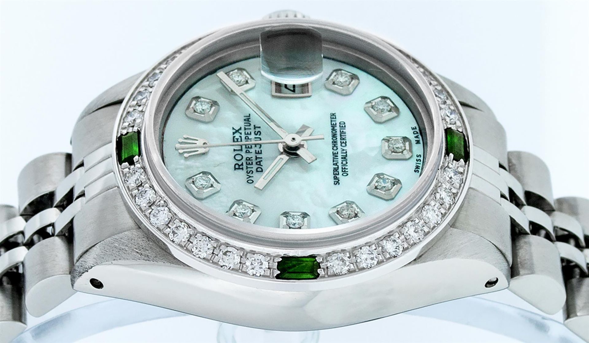 Rolex Ladies Stainless Steel Blue MOP Diamond & Emerald Datejust Wristwatch - Image 3 of 9