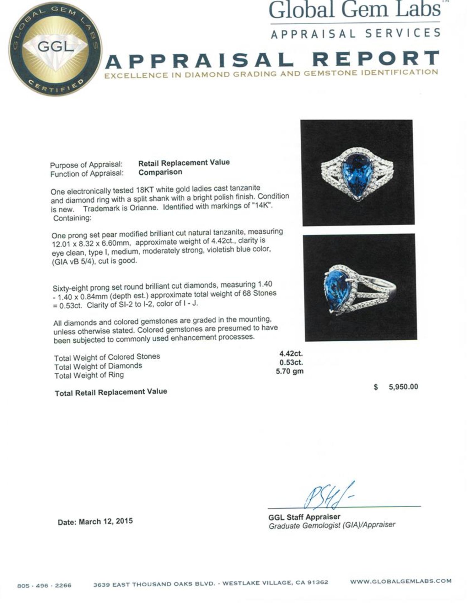 18KT White Gold 4.42 ctw Tanzanite and Diamond Ring - Image 5 of 5