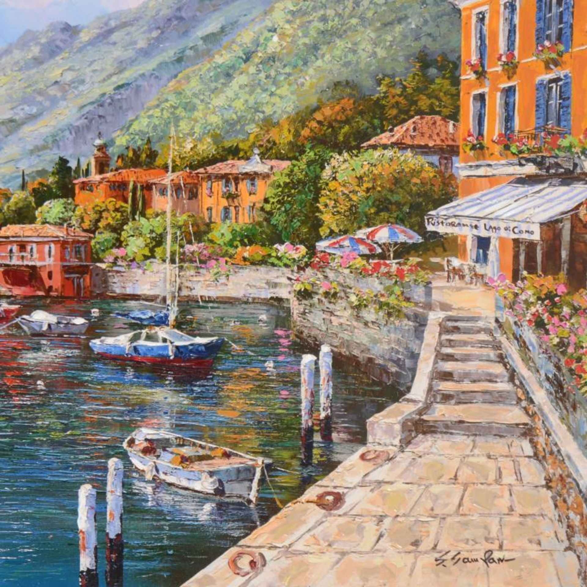 Sam Park, "Lake Como Villa" Hand Embellished Limited Edition Serigraph on Canvas - Image 2 of 2