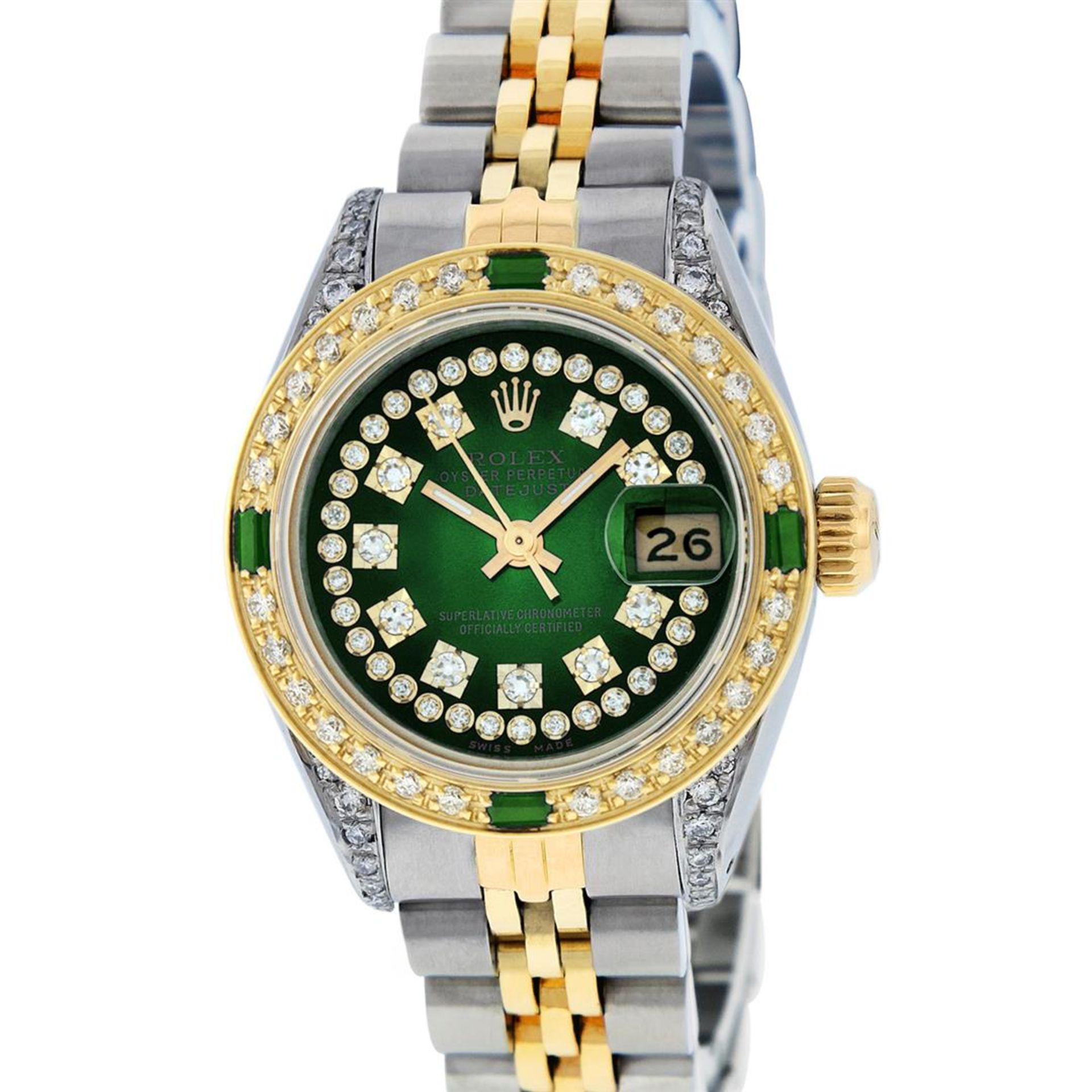 Rolex Ladies 2 Tone Green Vignette Diamond Lugs & Emerald Datejust Wriswatch - Image 2 of 7