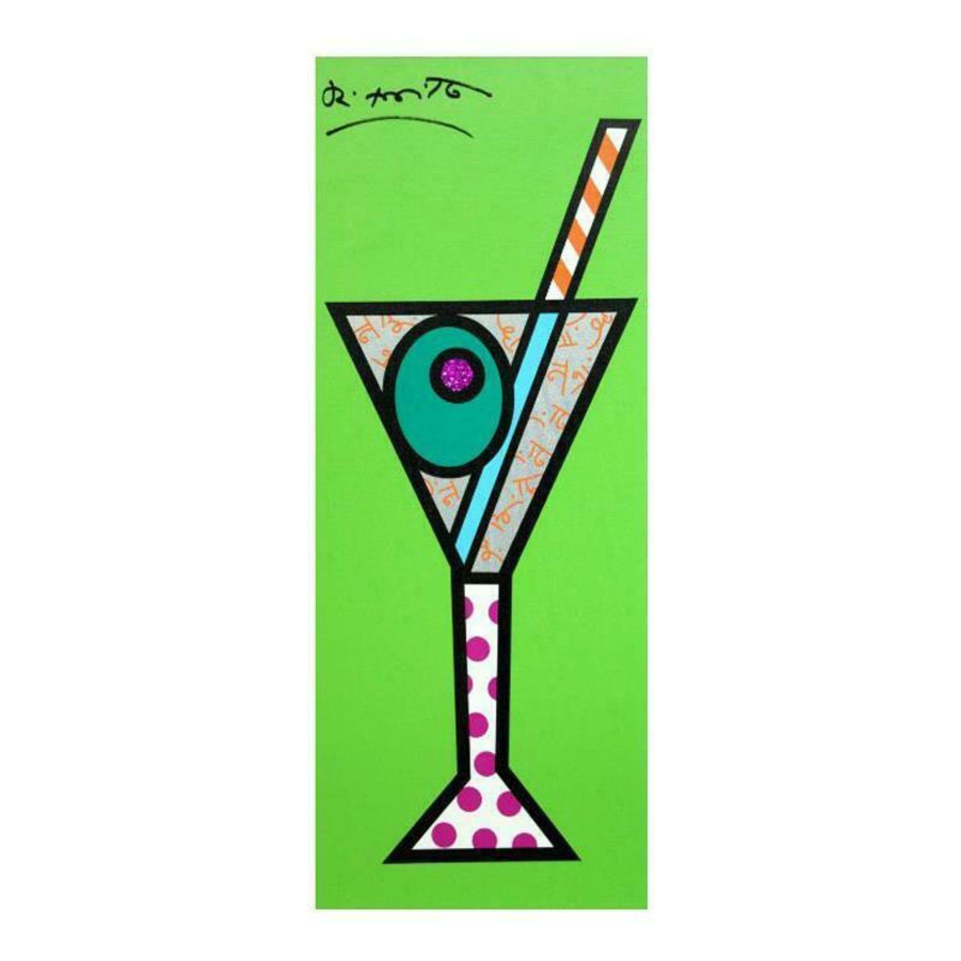 Romero Britto "Green Martini" Hand Signed Limited Edition Giclee on Canvas; Auth