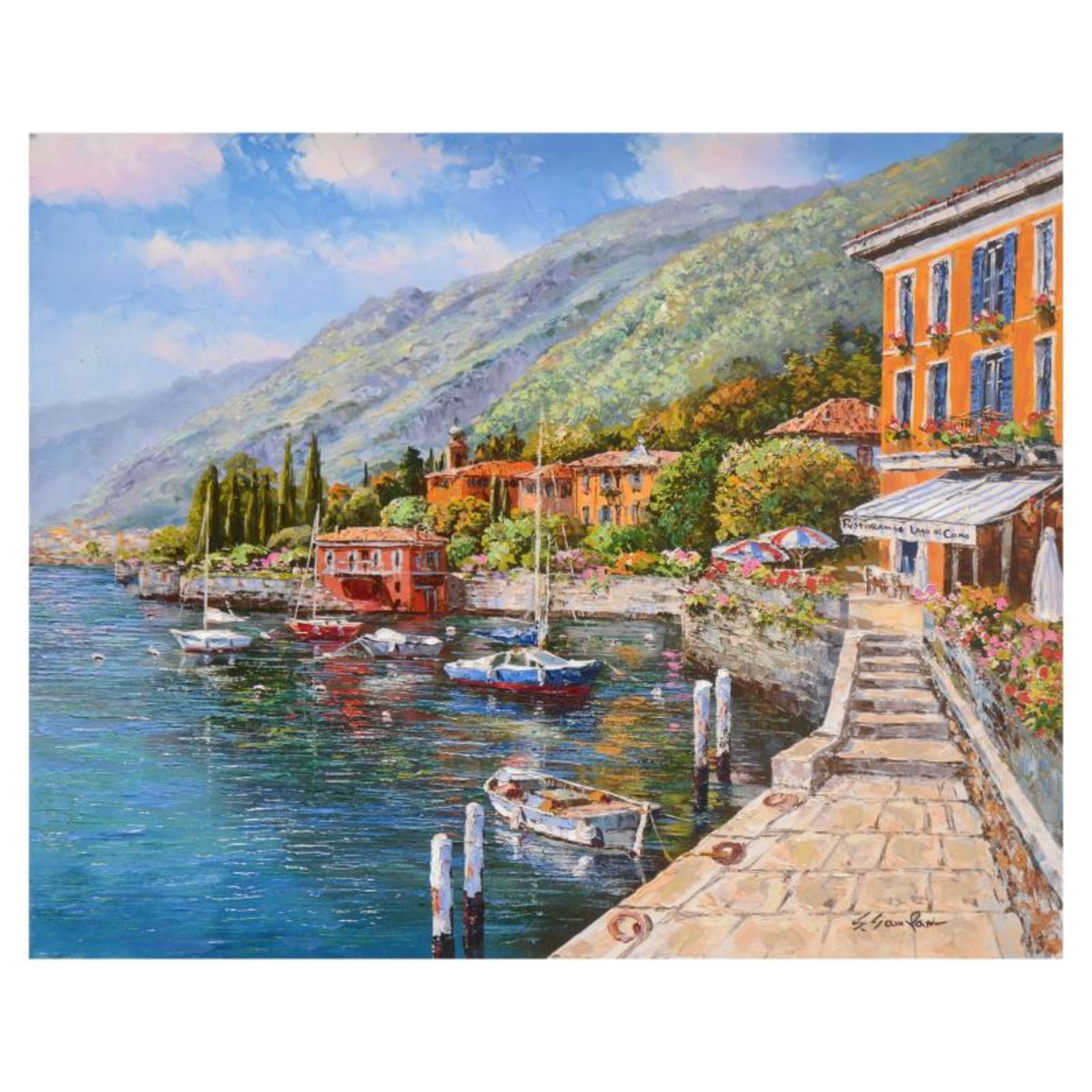 Sam Park, "Lake Como Villa" Hand Embellished Limited Edition Serigraph on Canvas