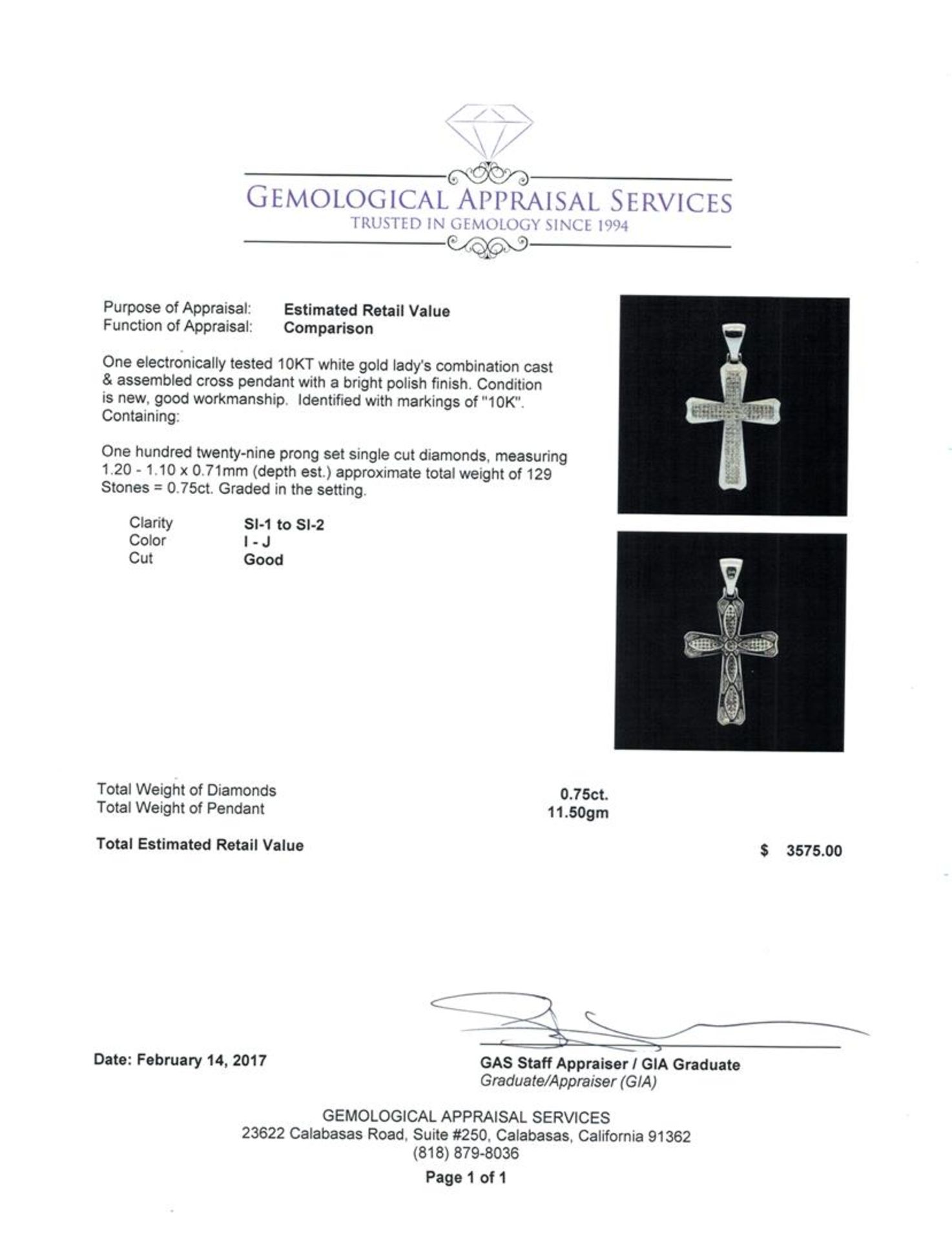 0.75 ctw Diamond Cross Pendant - 10KT White Gold - Image 3 of 3