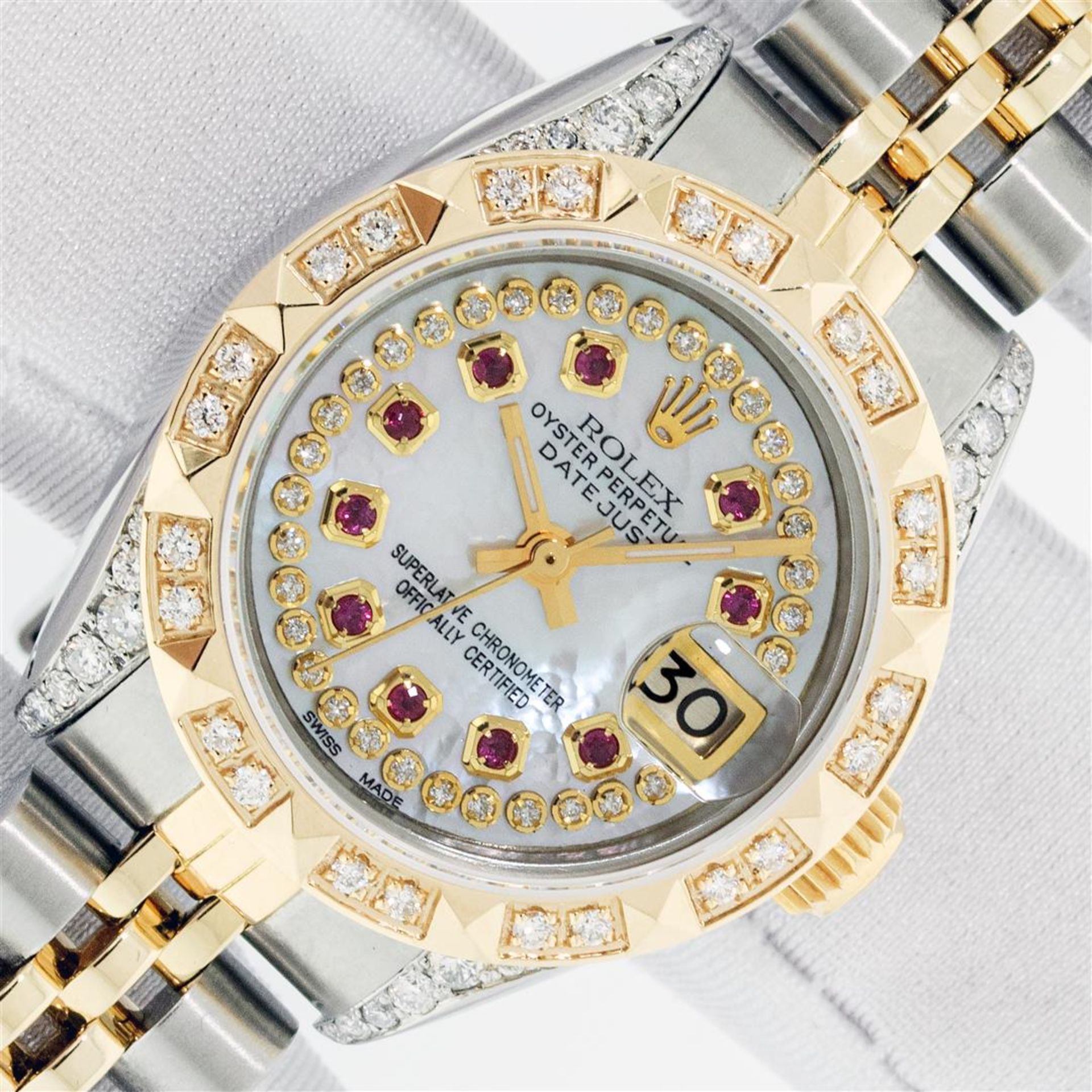 Rolex Ladies 2 Tone MOP Ruby & Pyramid Diamond Datejust Wriswatch With Rolex Box - Image 2 of 9