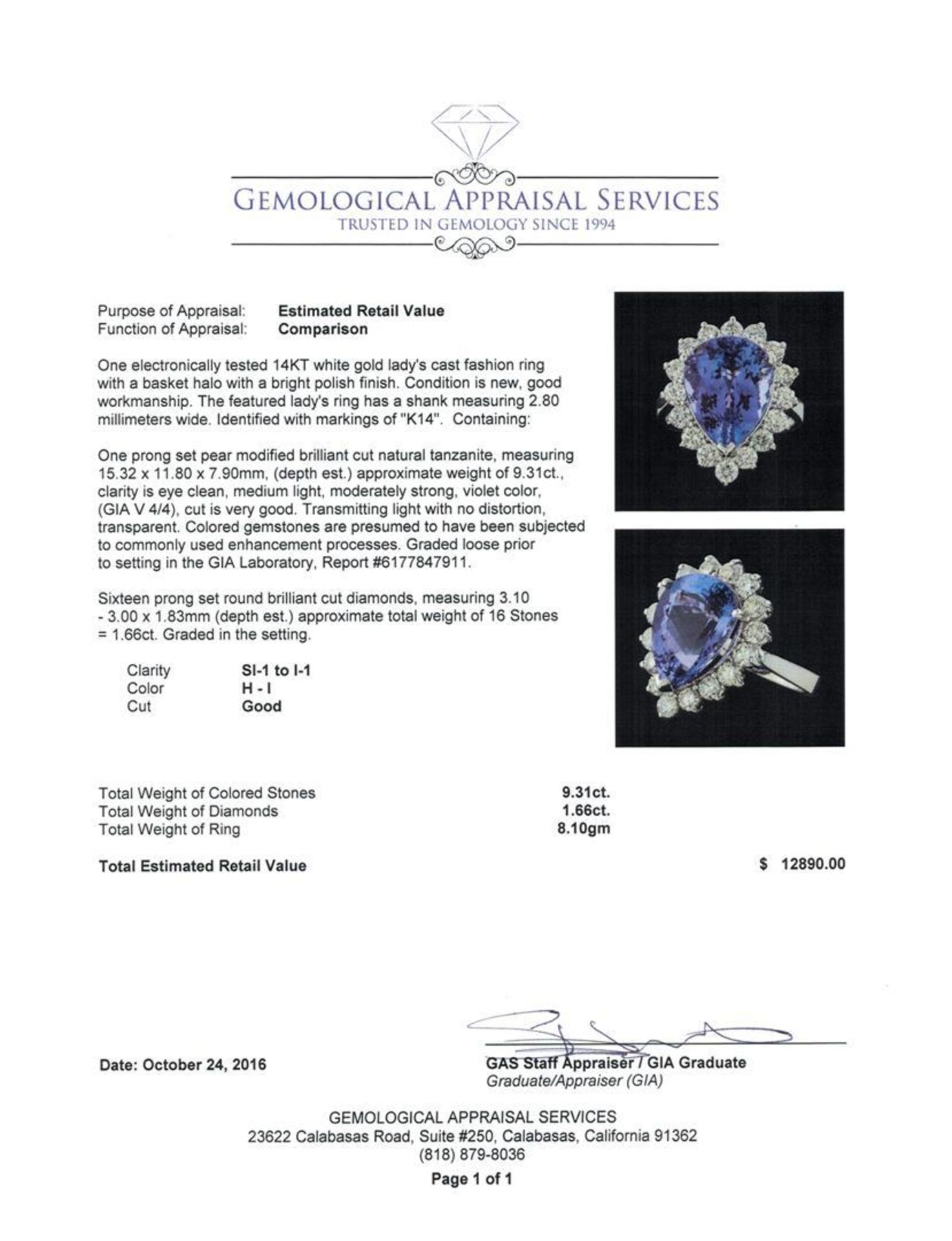 GIA Cert 9.31 ctw Tanzanite and Diamond Ring - 14KT White Gold - Image 5 of 6