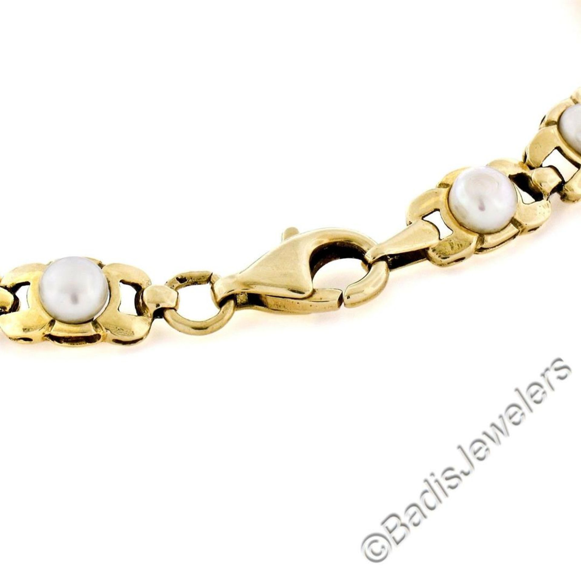 Vintage 14kt Yellow Gold Open Link and Natural Freshwater Pearl Tennis Bracelet - Image 6 of 7