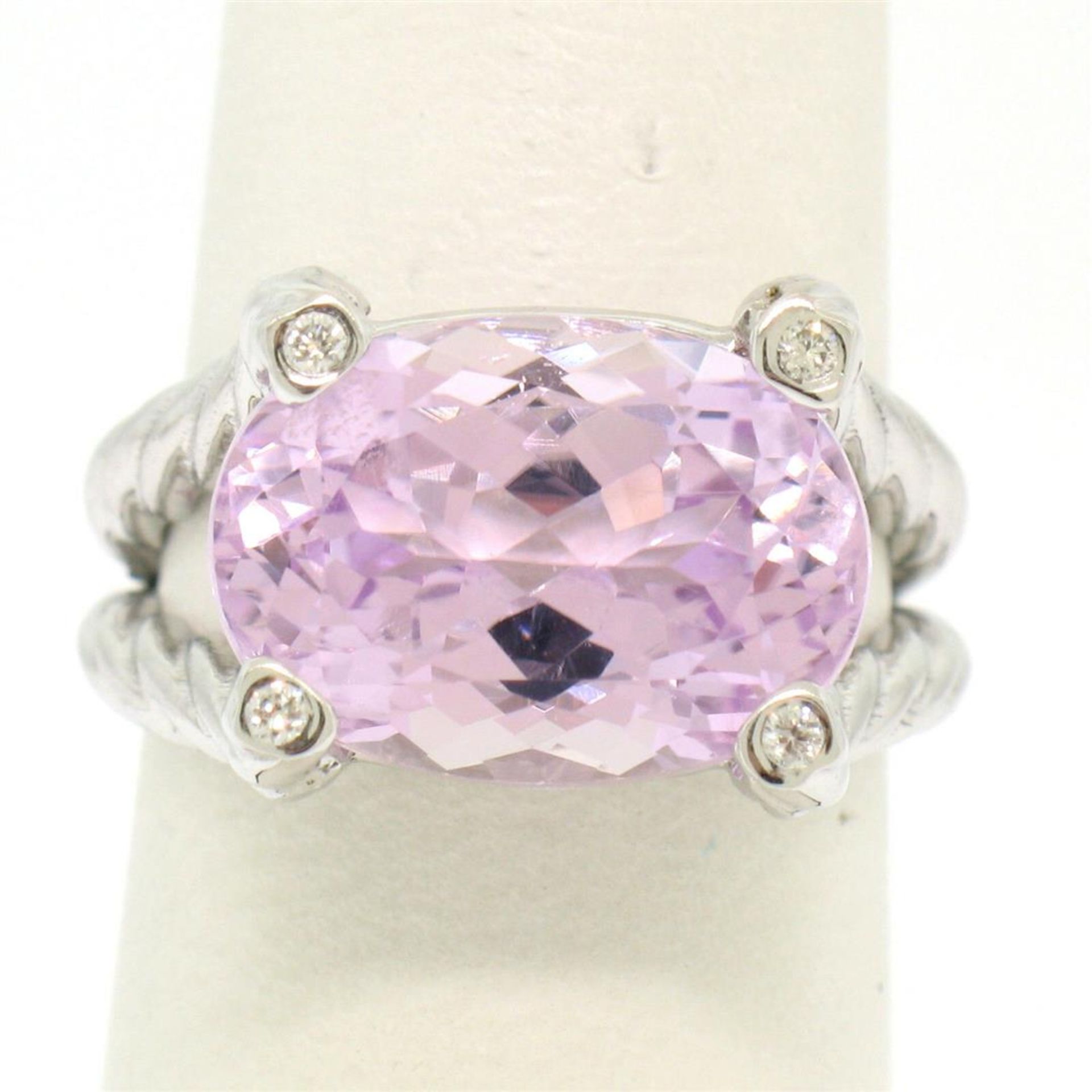 14k White Gold Twisted Cable 8.5 ctw Oval Kunzite Solitaire Ring 4 Diamond Accen