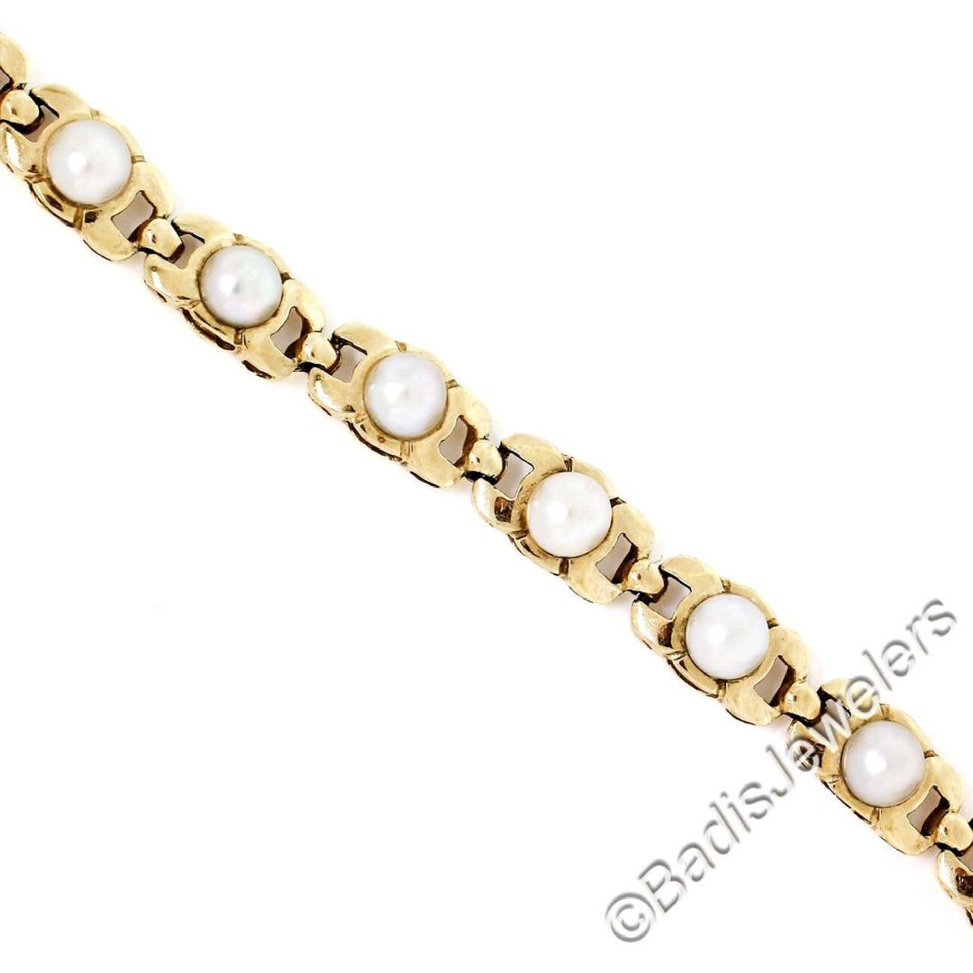 Vintage 14kt Yellow Gold Open Link and Natural Freshwater Pearl Tennis Bracelet - Image 4 of 7