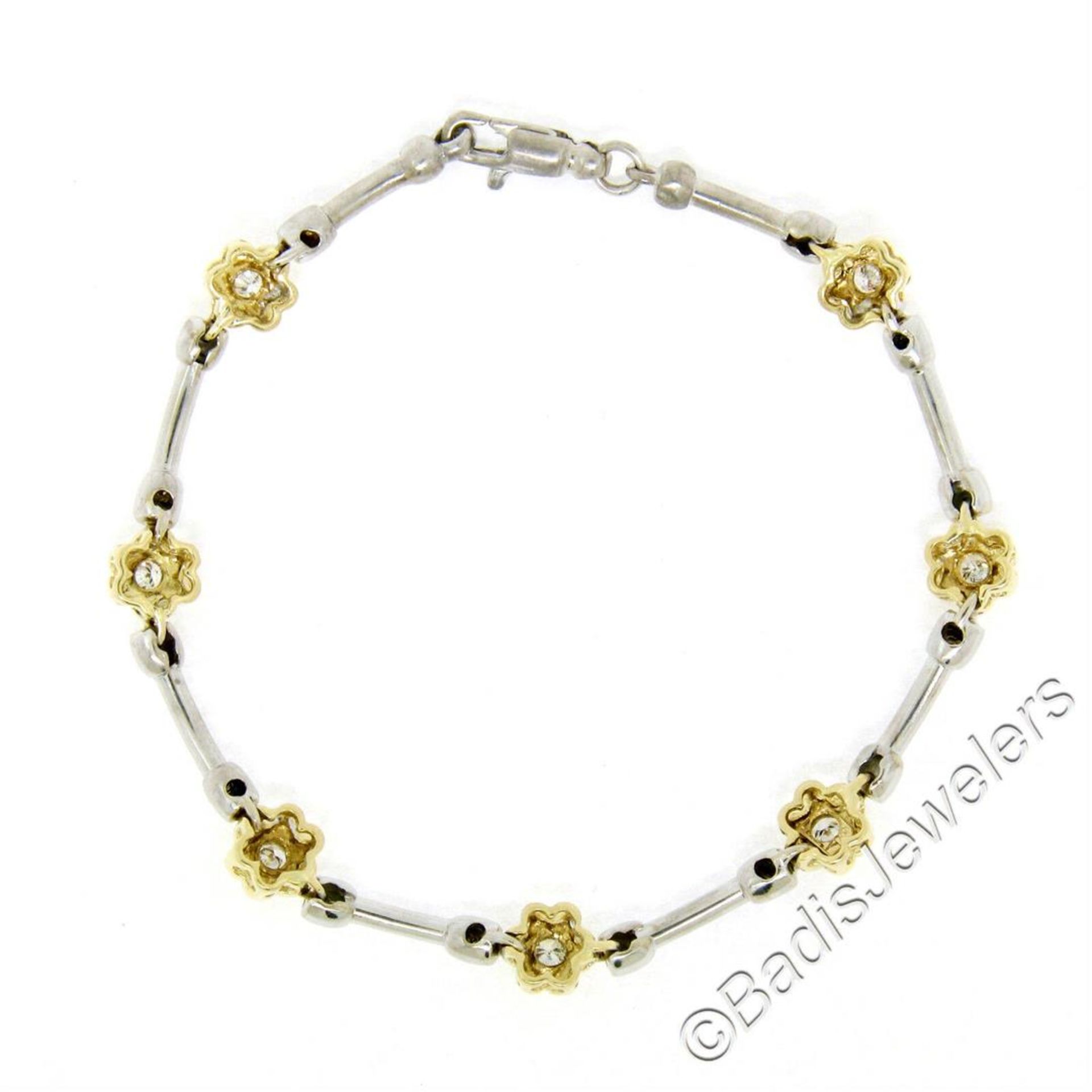 14kt White and Yellow Gold 0.50 ctw Burnish Diamond Flower and Bar Link Bracelet - Image 7 of 8