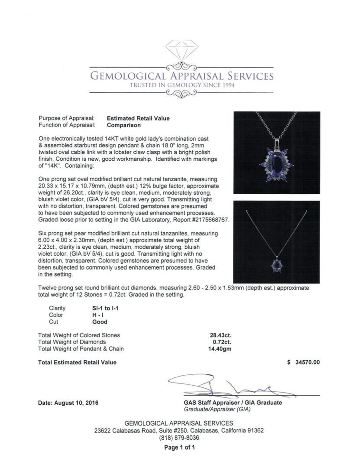 GIA Cert 28.43 ctw Tanzanite and Diamond Pendant With Chain - 14KT White Gold - Image 3 of 4