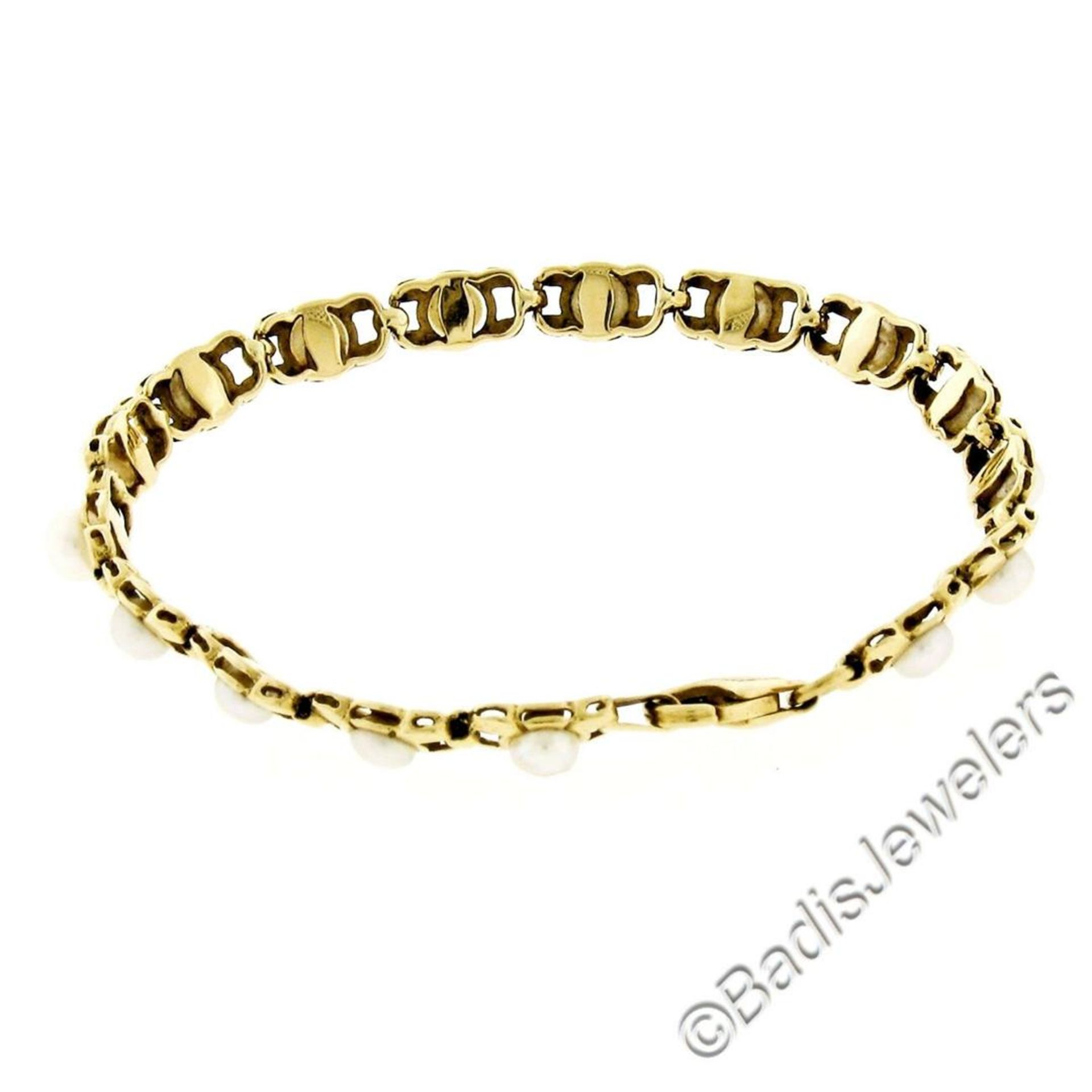 Vintage 14kt Yellow Gold Open Link and Natural Freshwater Pearl Tennis Bracelet - Image 5 of 7