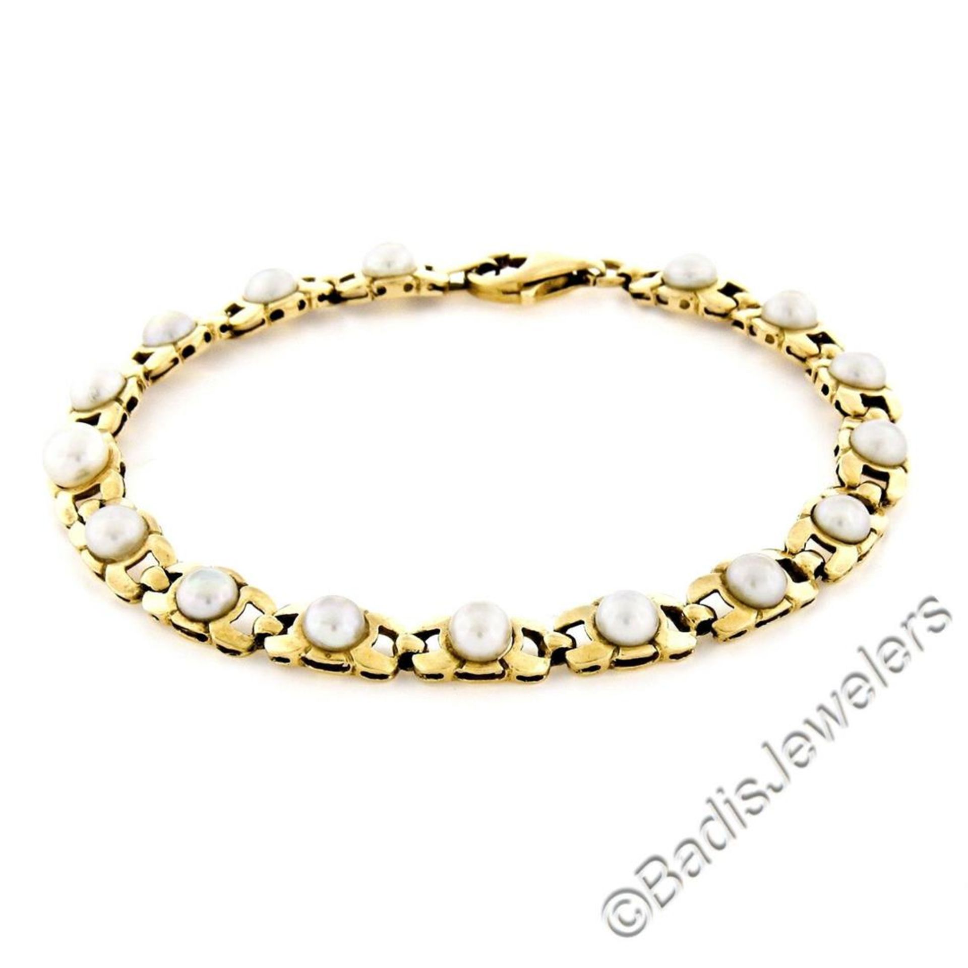 Vintage 14kt Yellow Gold Open Link and Natural Freshwater Pearl Tennis Bracelet - Image 2 of 7