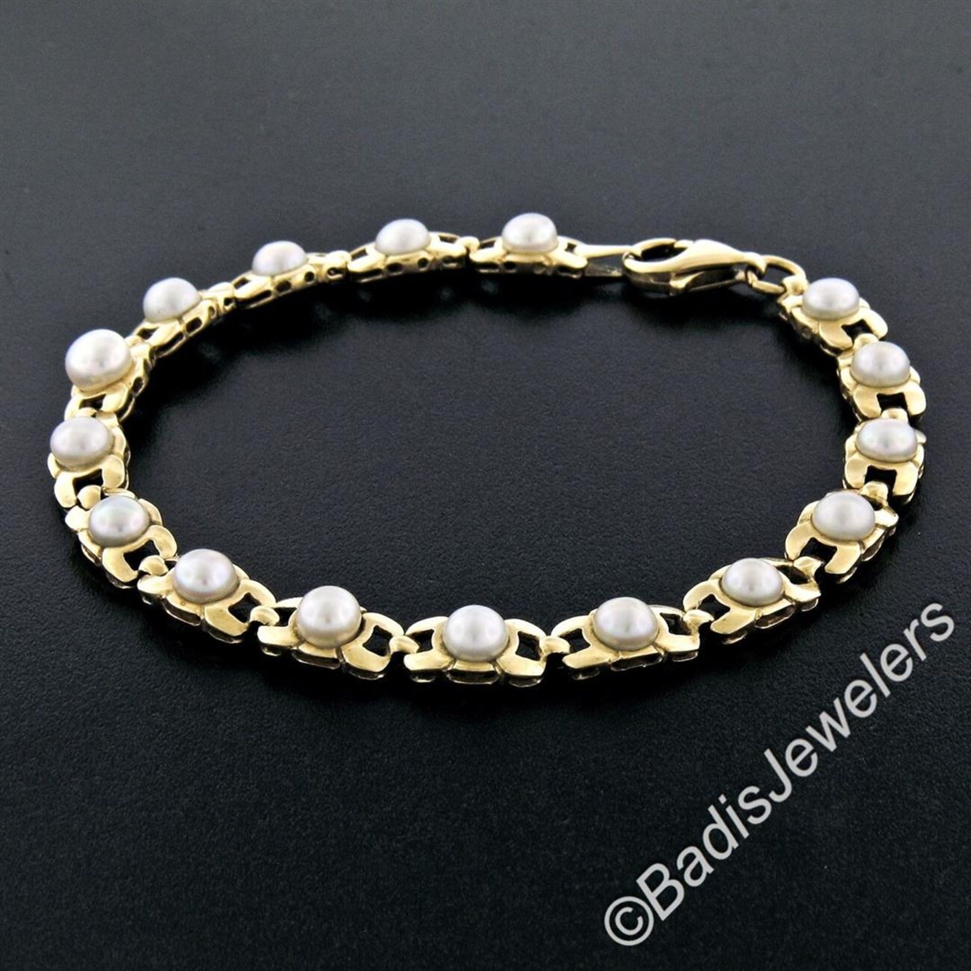 Vintage 14kt Yellow Gold Open Link and Natural Freshwater Pearl Tennis Bracelet - Image 3 of 7