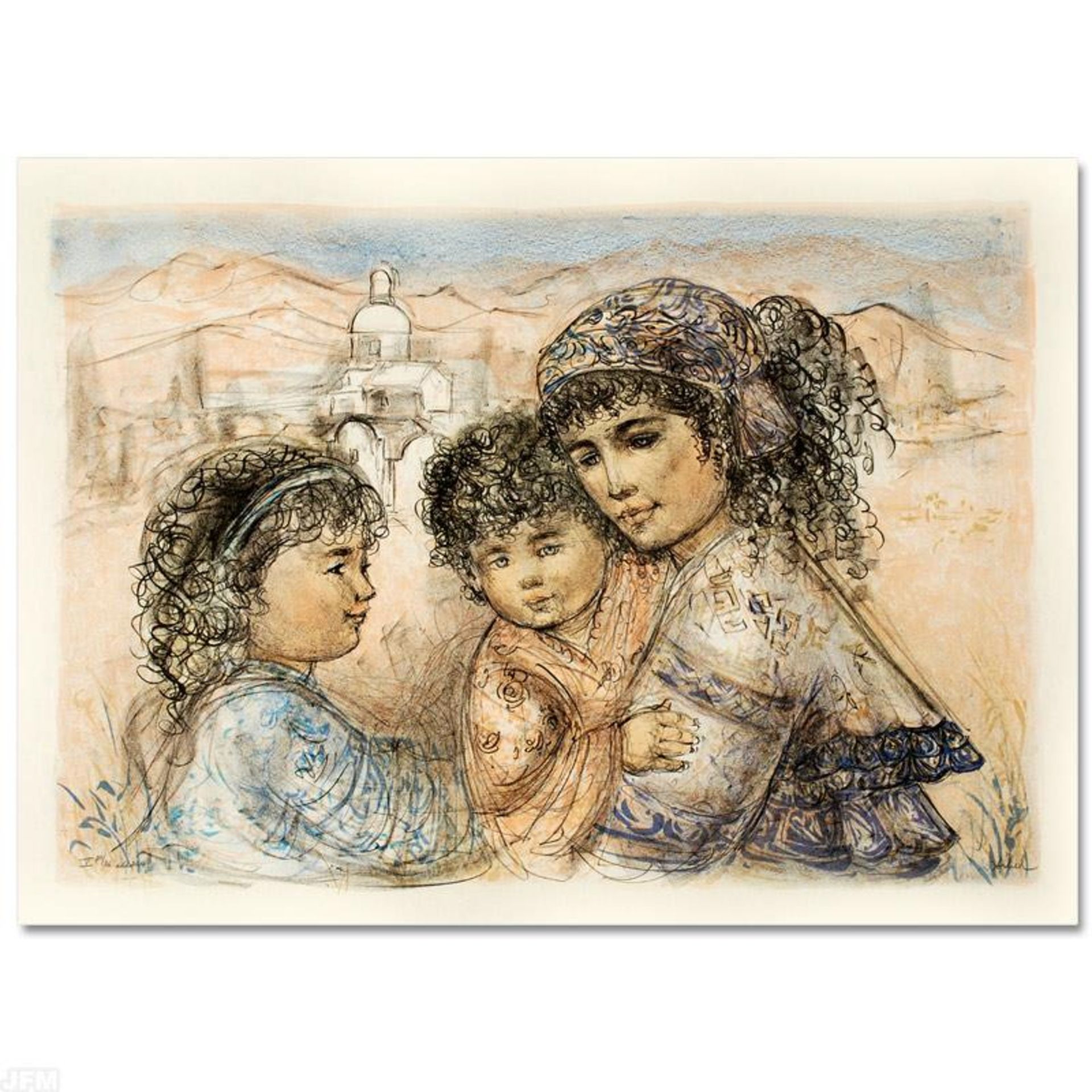 "Zalina with Aries and Ande" Limited Edition Lithograph by Edna Hibel, Numbered