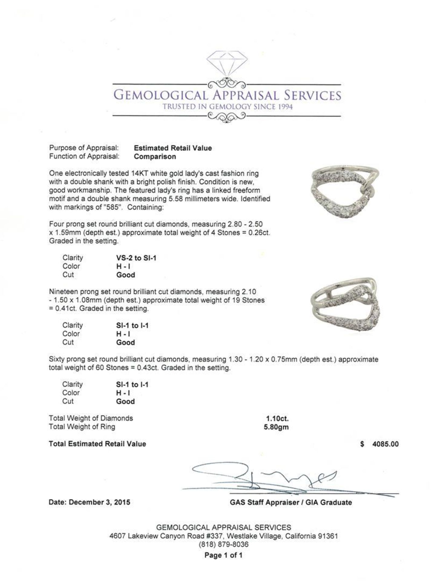 1.10 ctw Diamond Ring - 14KT White Gold - Image 3 of 3