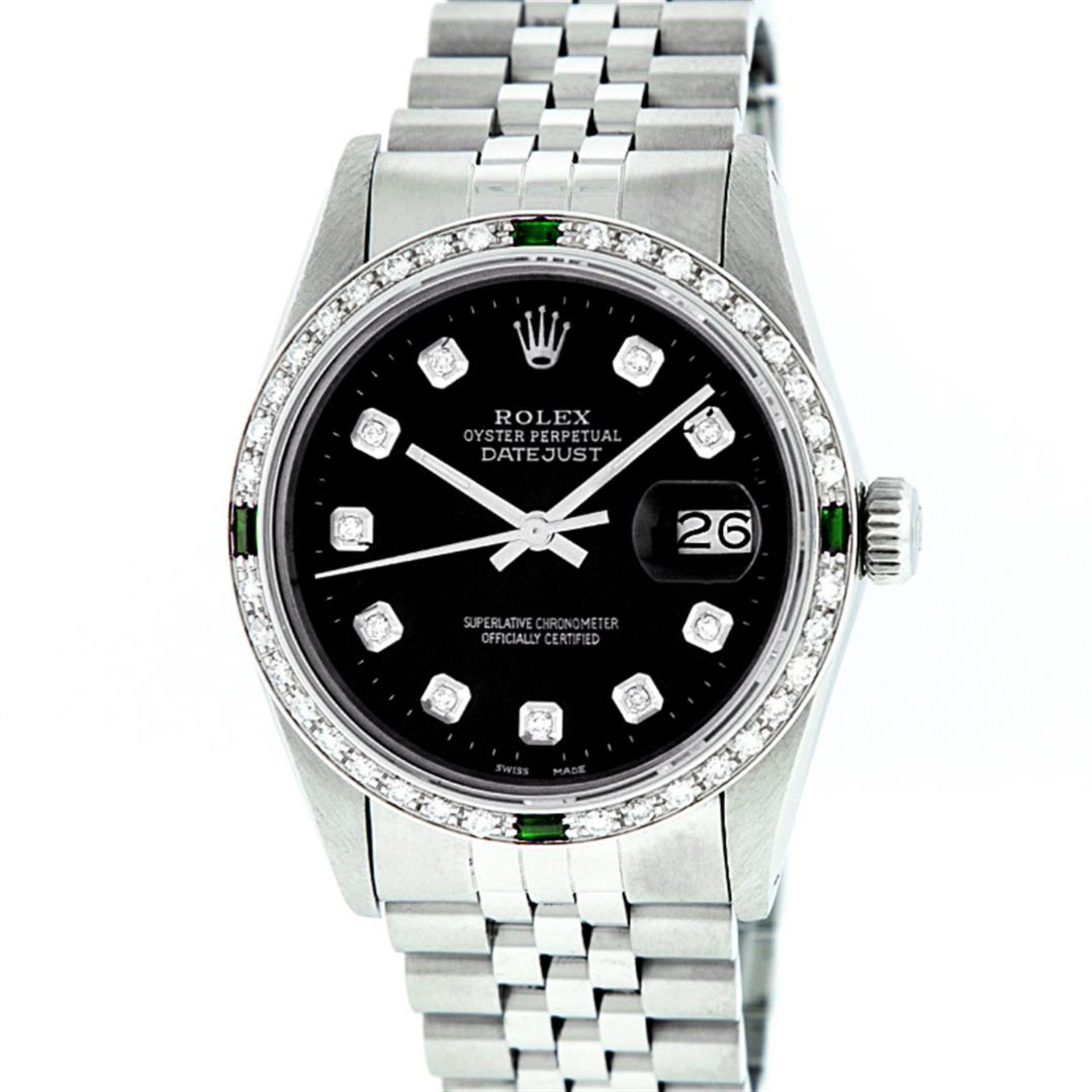 Rolex Mens Stainless Steel Black Diamond & Emerald Oyster Perpetual Datejust Wri