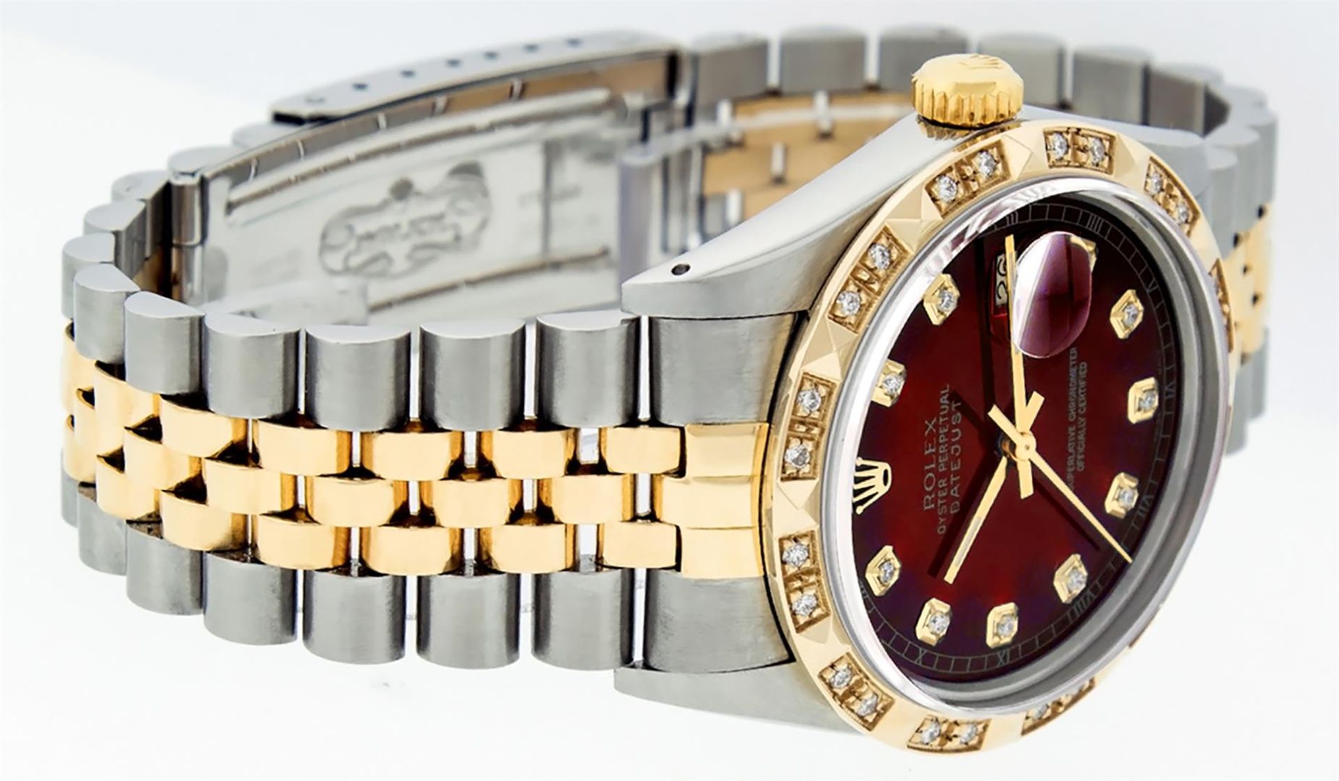 Rolex Mens 2 Tone Red Vignette Pyramid Diamond 36MM Oyster Perpetual Datejust - Image 4 of 9