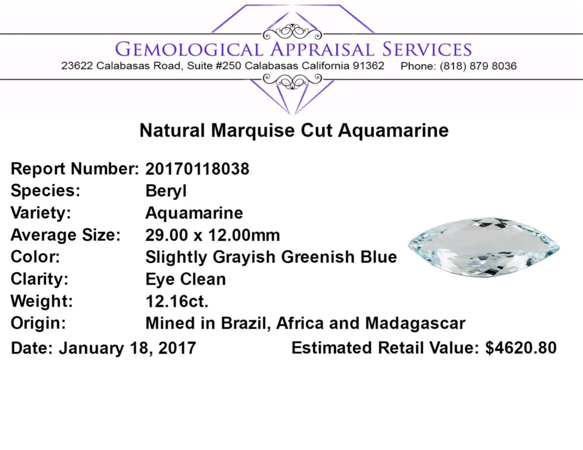12.16 ct.Natural Marquise Cut Aquamarine - Image 2 of 2