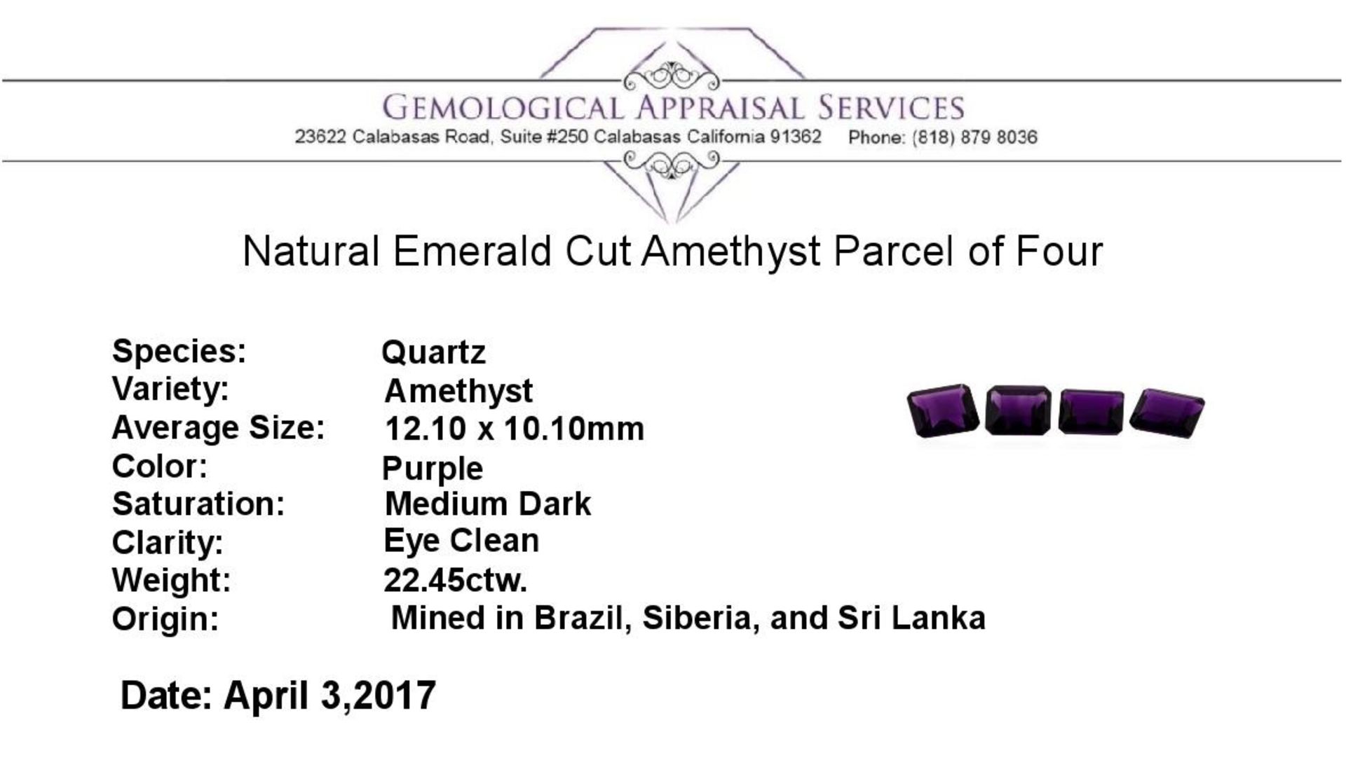 22.45 ctw. Natural Emerald Cut Amethyst Parcel of Four - Image 3 of 3