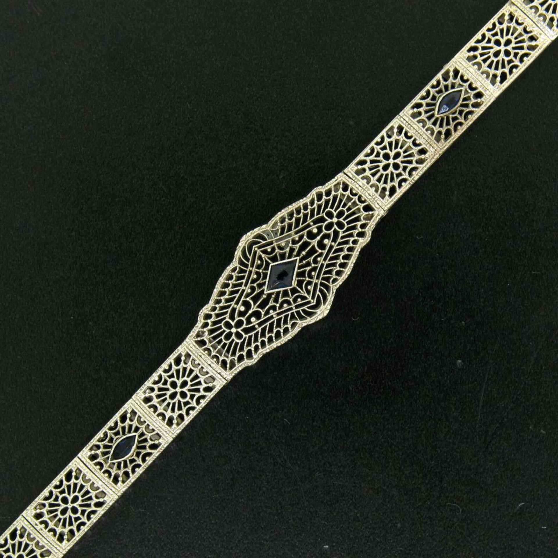 Antique Art Deco 10k White Gold 7" Wide Marquise Filigree & Sapphire Bracelet - Image 3 of 9