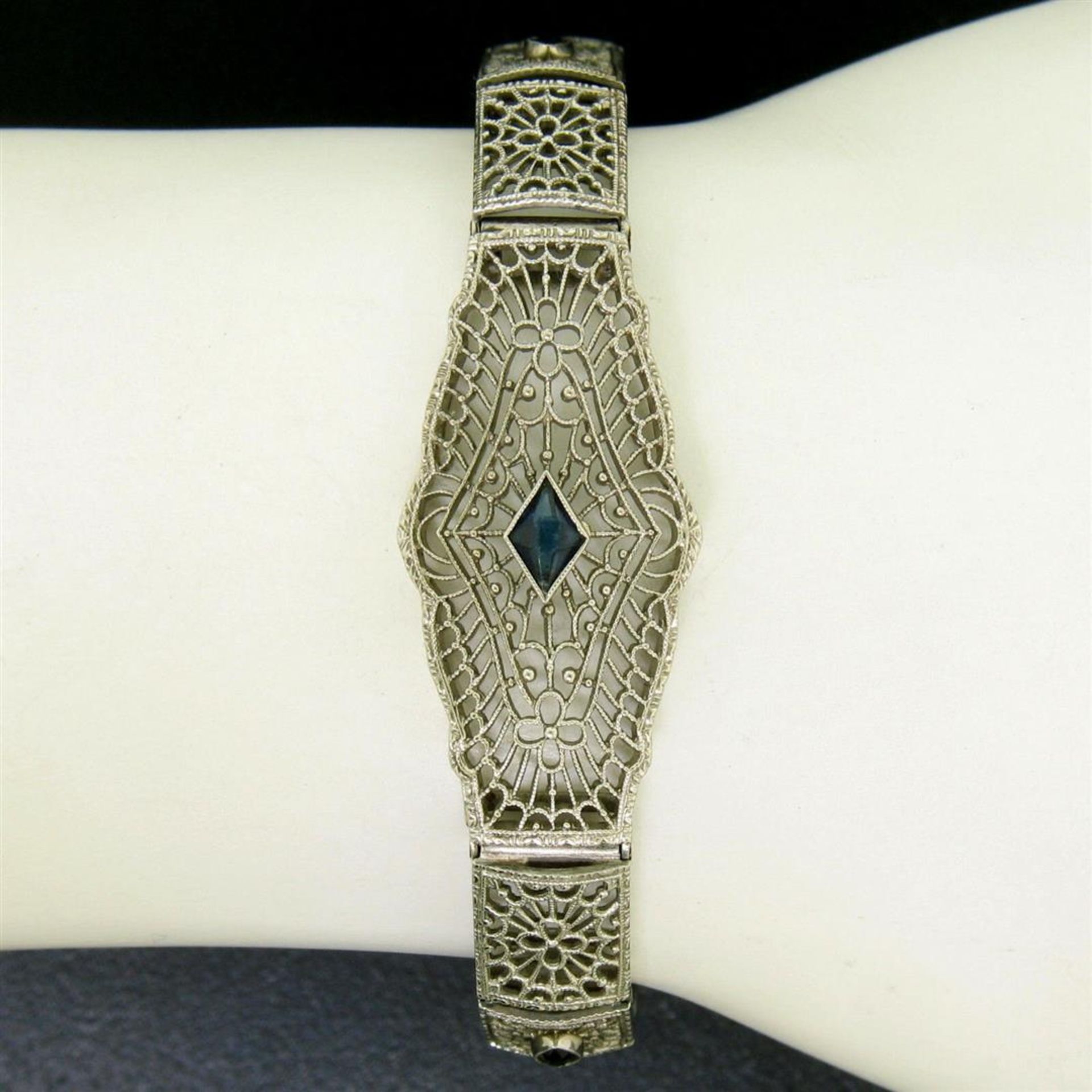 Antique Art Deco 10k White Gold 7" Wide Marquise Filigree & Sapphire Bracelet - Image 7 of 9