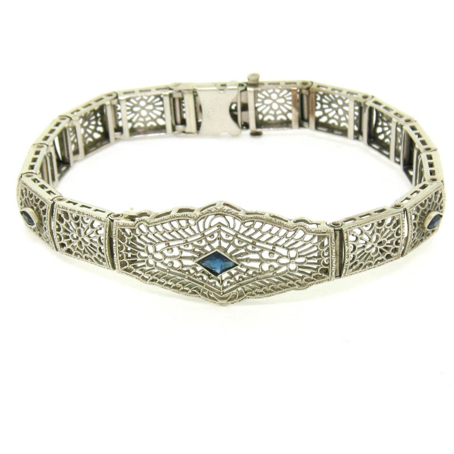 Antique Art Deco 10k White Gold 7" Wide Marquise Filigree & Sapphire Bracelet - Image 2 of 9