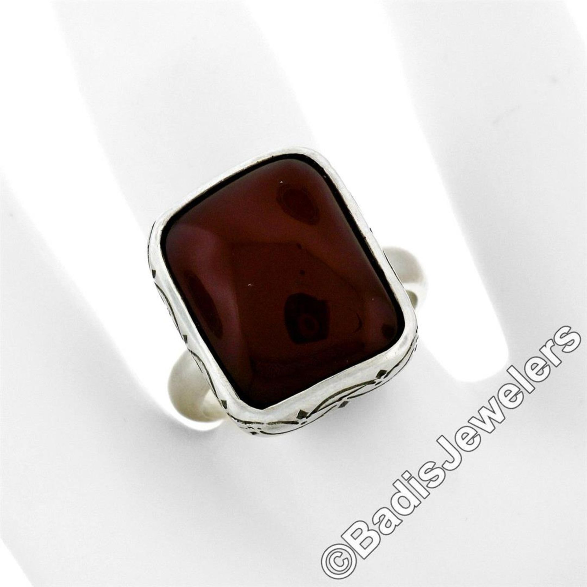 Vintage Sterling Silver Cushion Cabochon Carnelian Solitaire Ring - Image 4 of 7