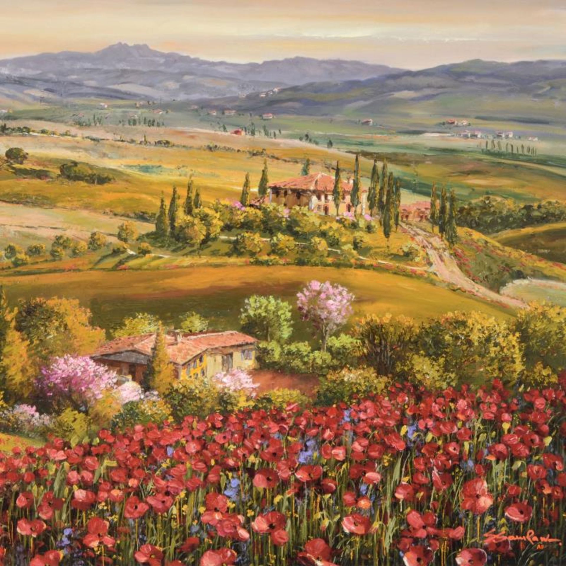 Sam Park, "Tuscany Red Poppies" Hand Embellished Limited Edition Serigraph on Ca - Image 2 of 2