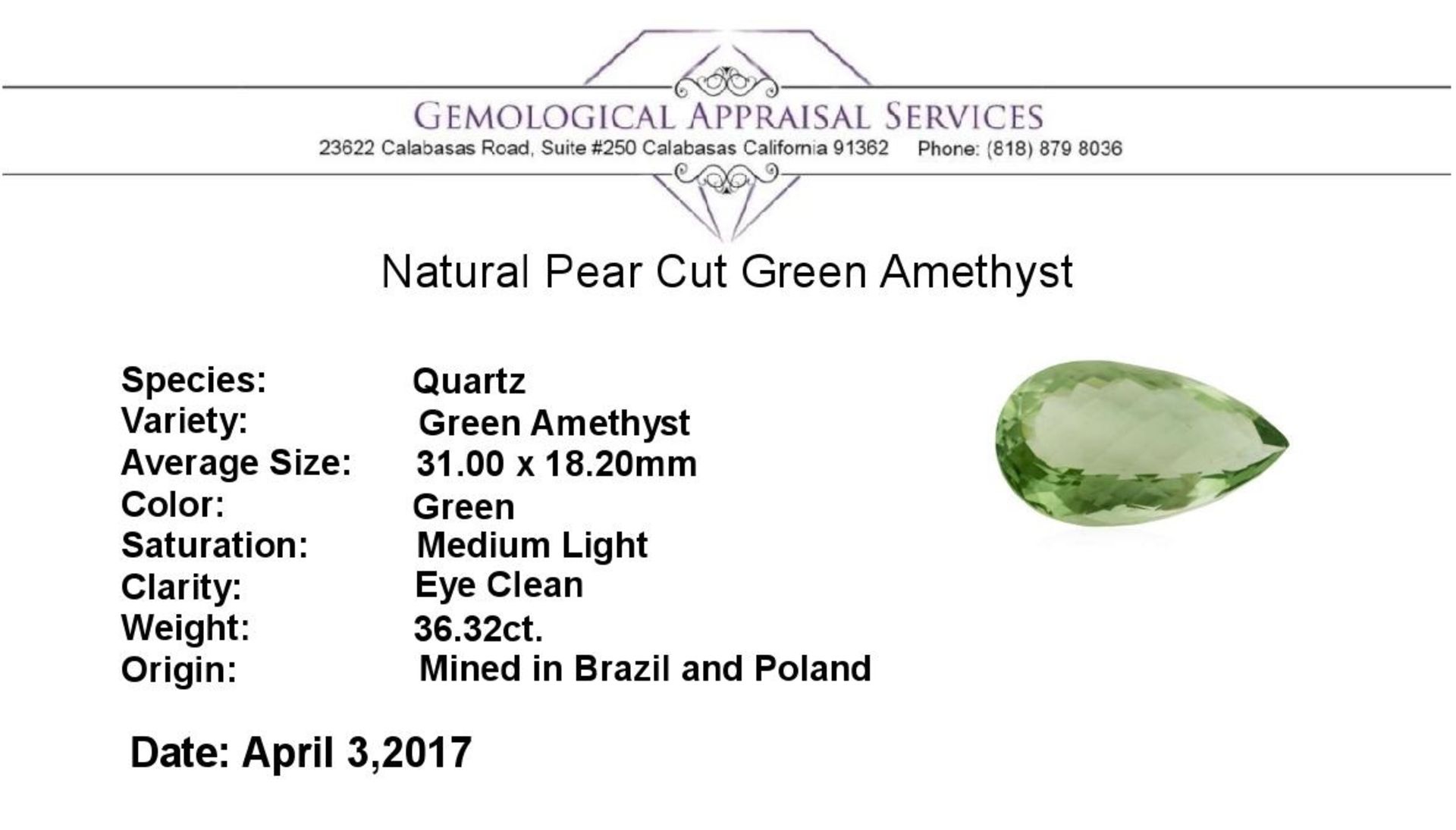 36.32 ct. Natural Pear Cut Green Amethyst - Image 3 of 3