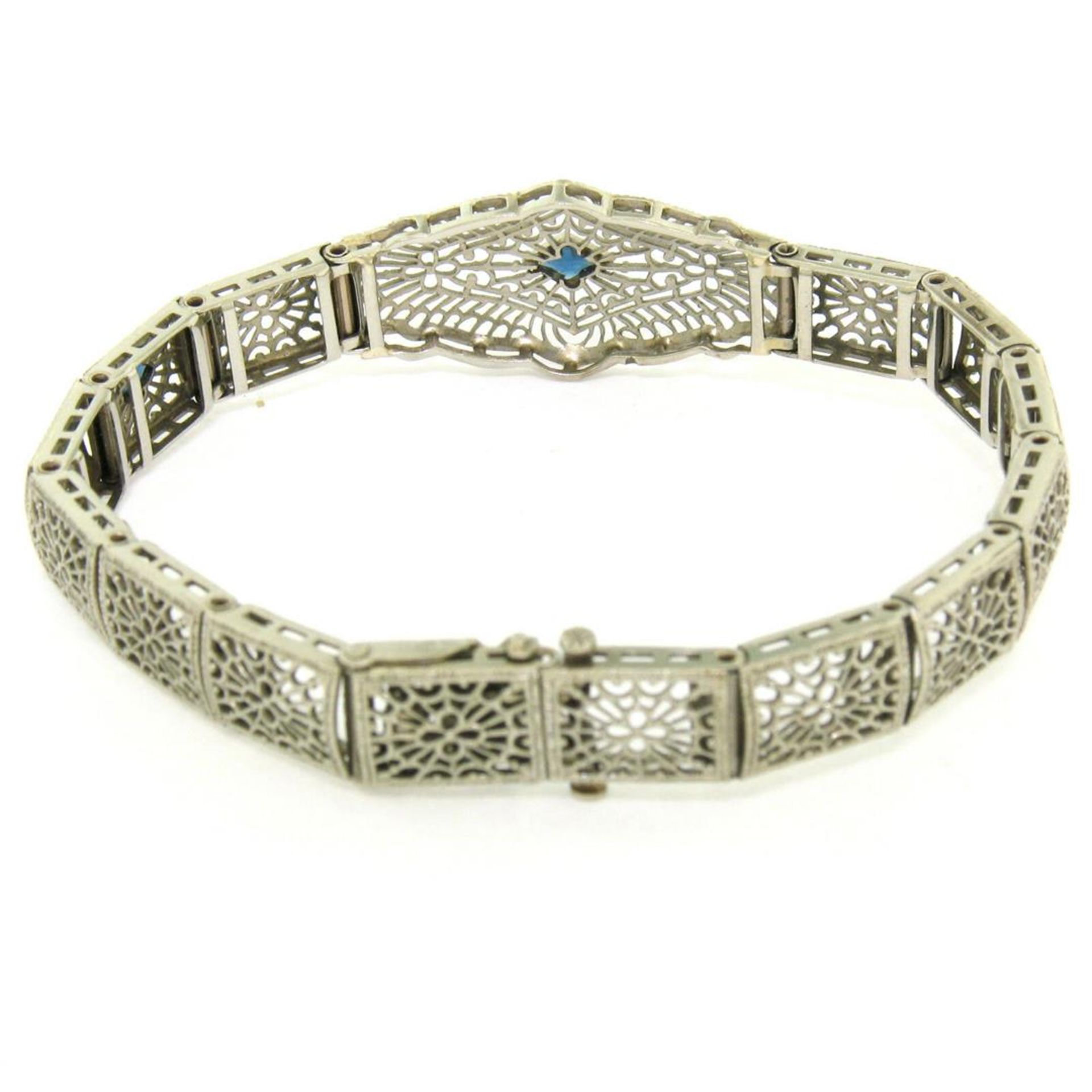 Antique Art Deco 10k White Gold 7" Wide Marquise Filigree & Sapphire Bracelet - Image 5 of 9