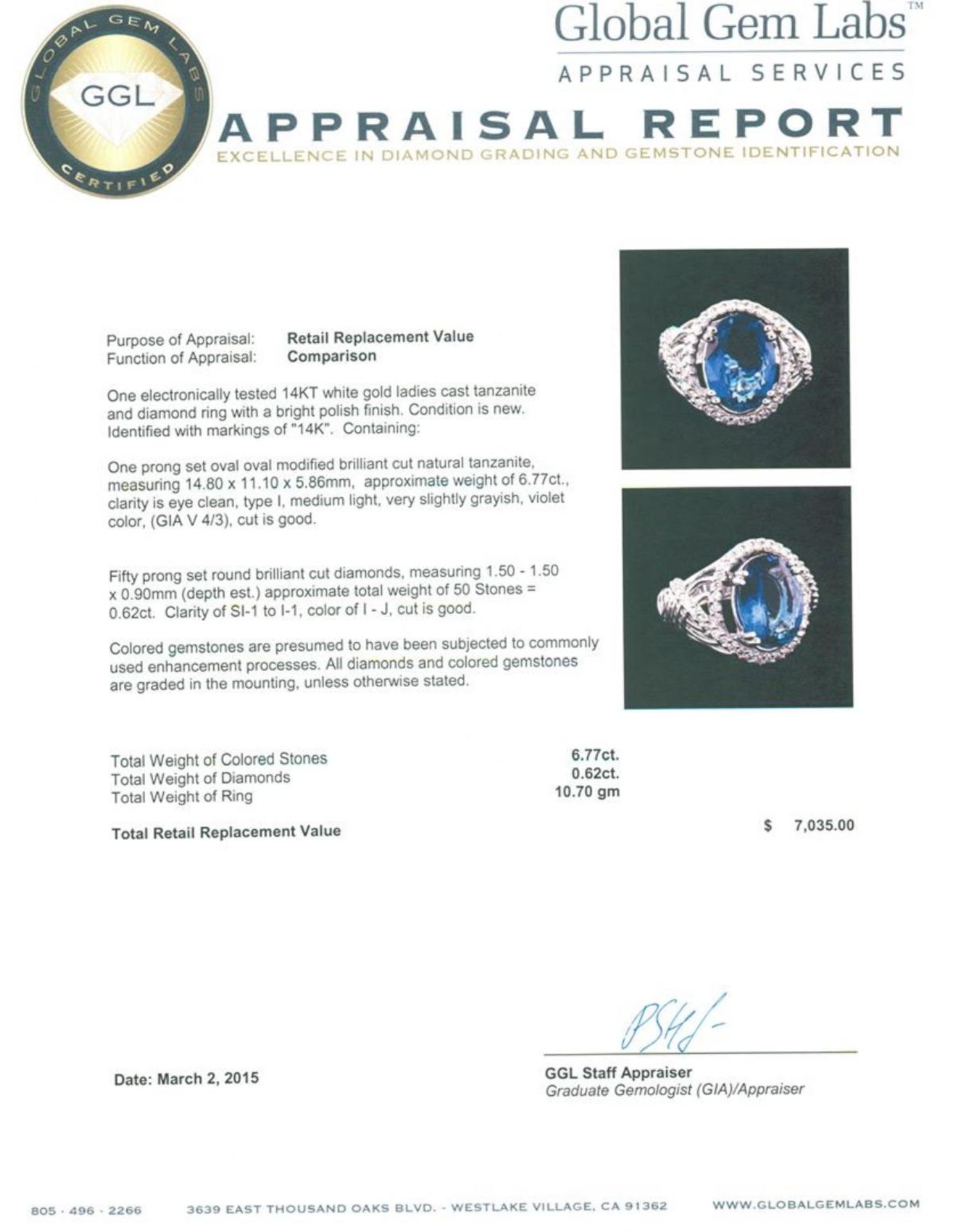 14KT White Gold 6.77 ctw Tanzanite and Diamond Ring - Image 5 of 5