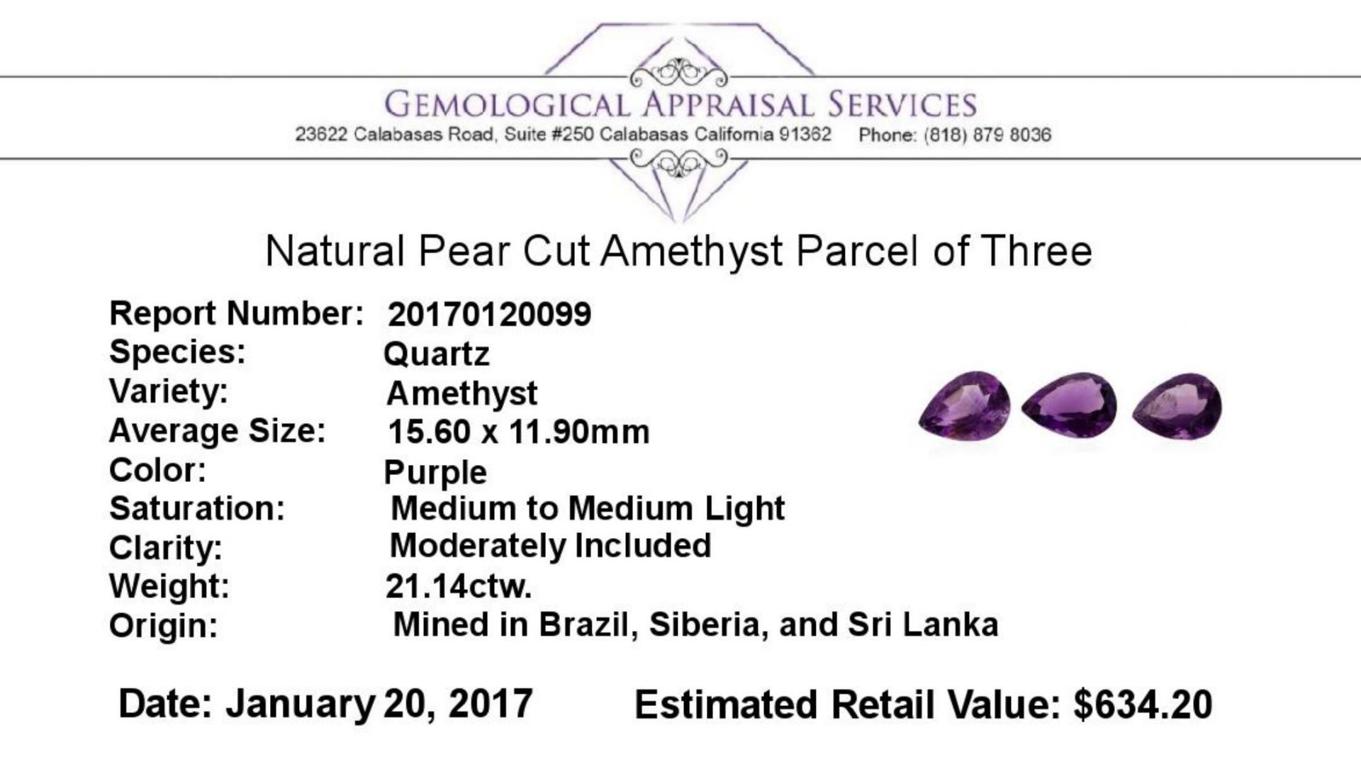 21.14 ctw.Natural Pear Cut Amethyst Parcel of Three - Image 3 of 3