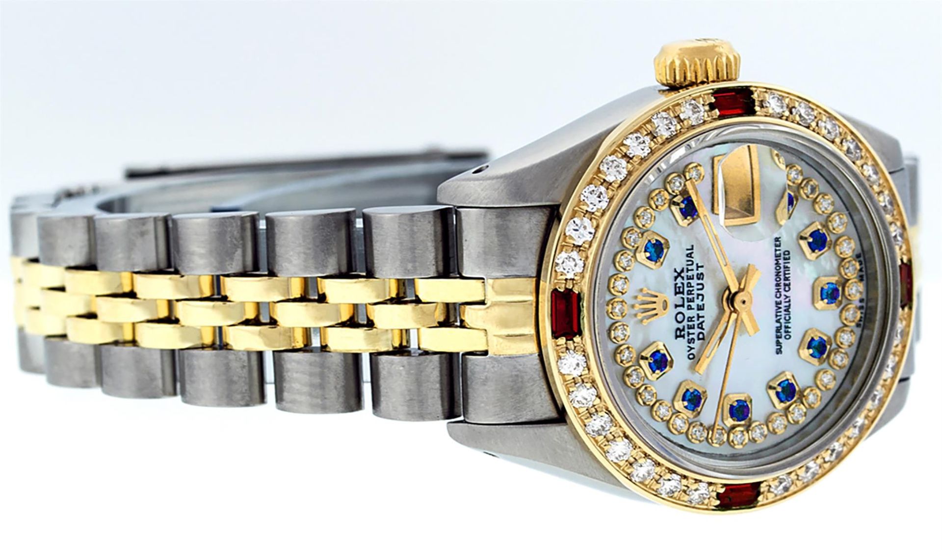 Rolex Ladies 2 Tone MOP Sapphire & Ruby 26MM Oyster Perpetual Datejust Wriswatch - Image 2 of 9