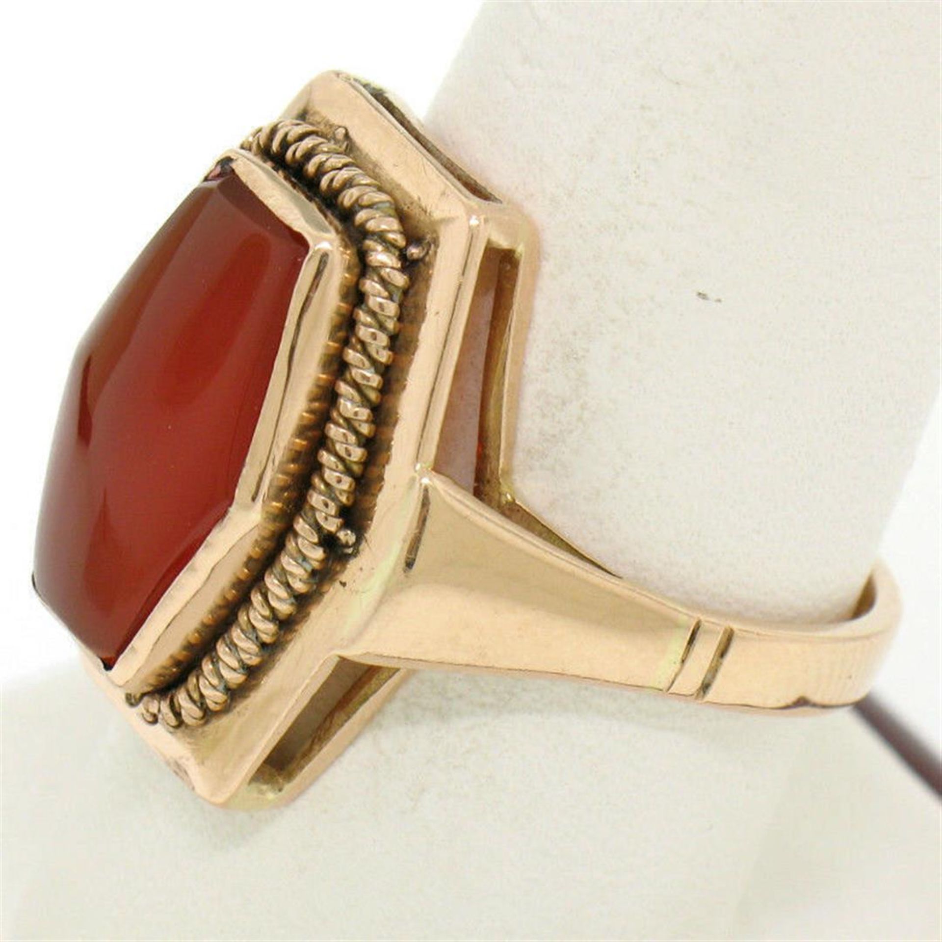 Vintage Russian 14kt Rose Gold Bezel Set Carnelian Hexagon Ring - Image 2 of 9