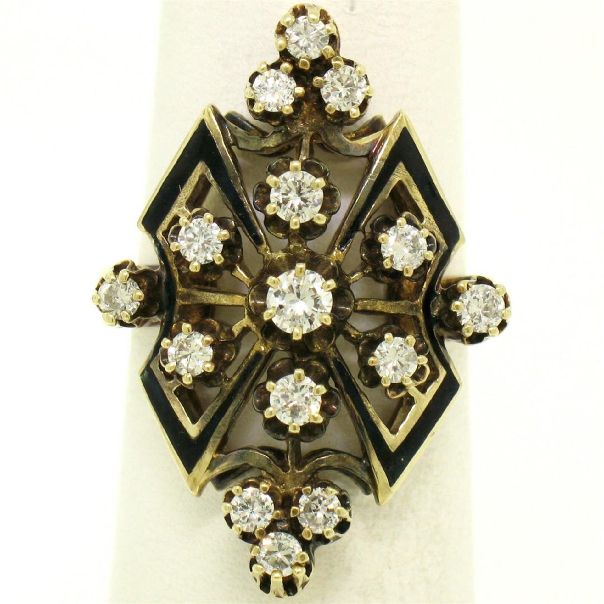 14k Yellow Gold .90 ctw Round Diamond Black Enamel Marquise Cocktail Ring - Image 4 of 8