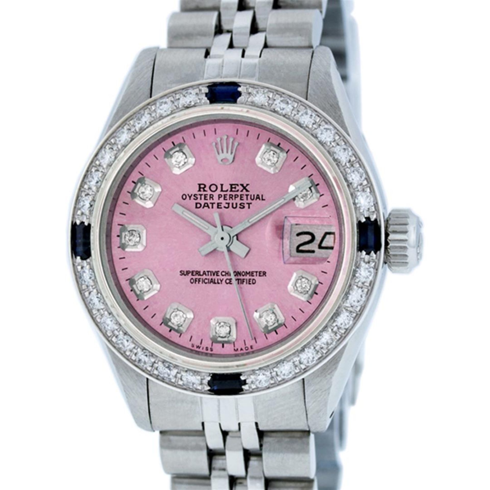 Rolex Ladies Stainless Steel Pink Diamond & Sapphire Oyster Perpetaul Datejust W