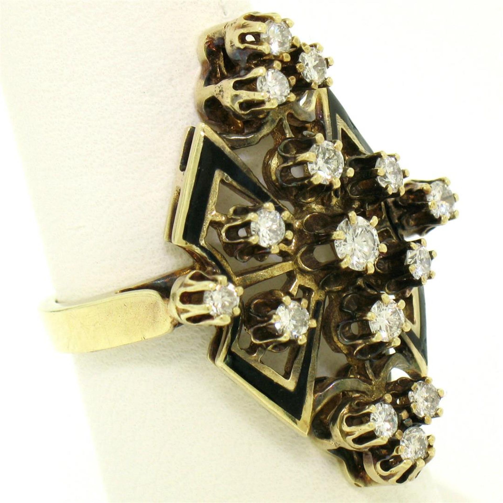 14k Yellow Gold .90 ctw Round Diamond Black Enamel Marquise Cocktail Ring - Image 7 of 8