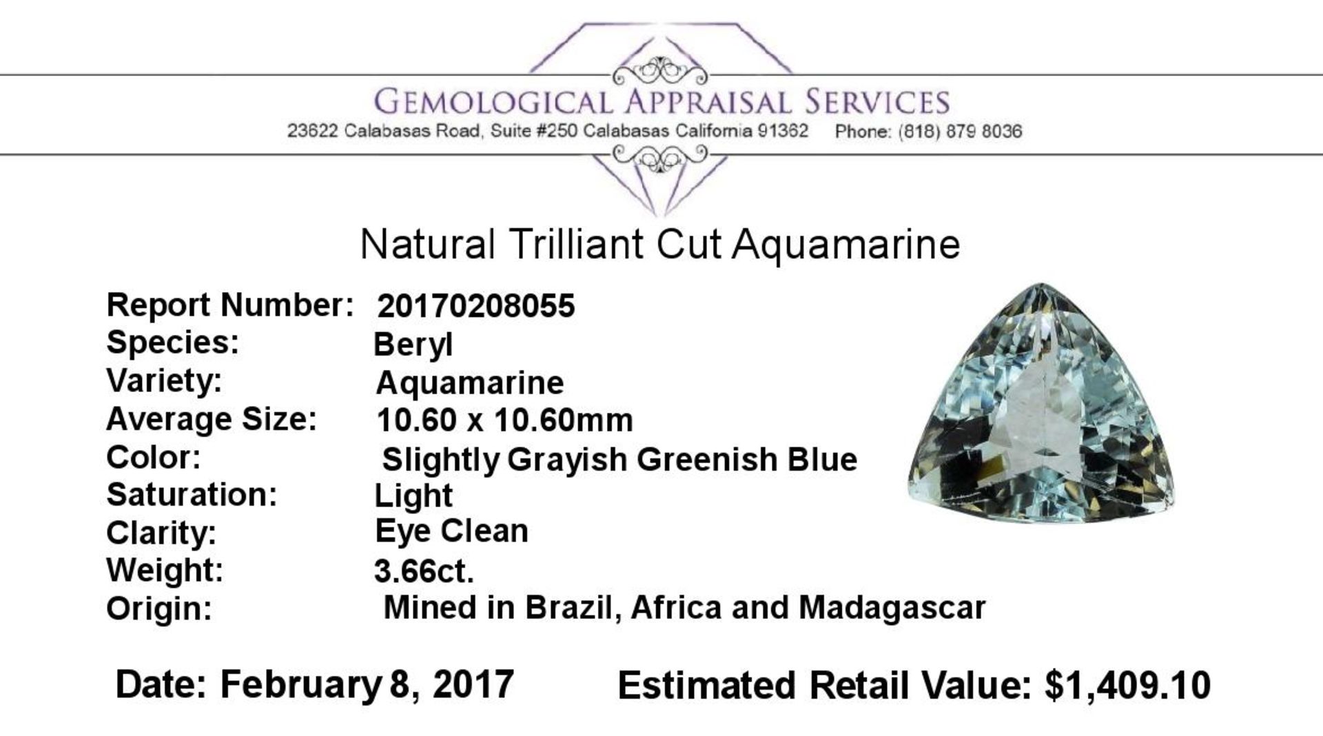 3.66 ct.Natural Trilliant Cut Aquamarine - Image 2 of 2