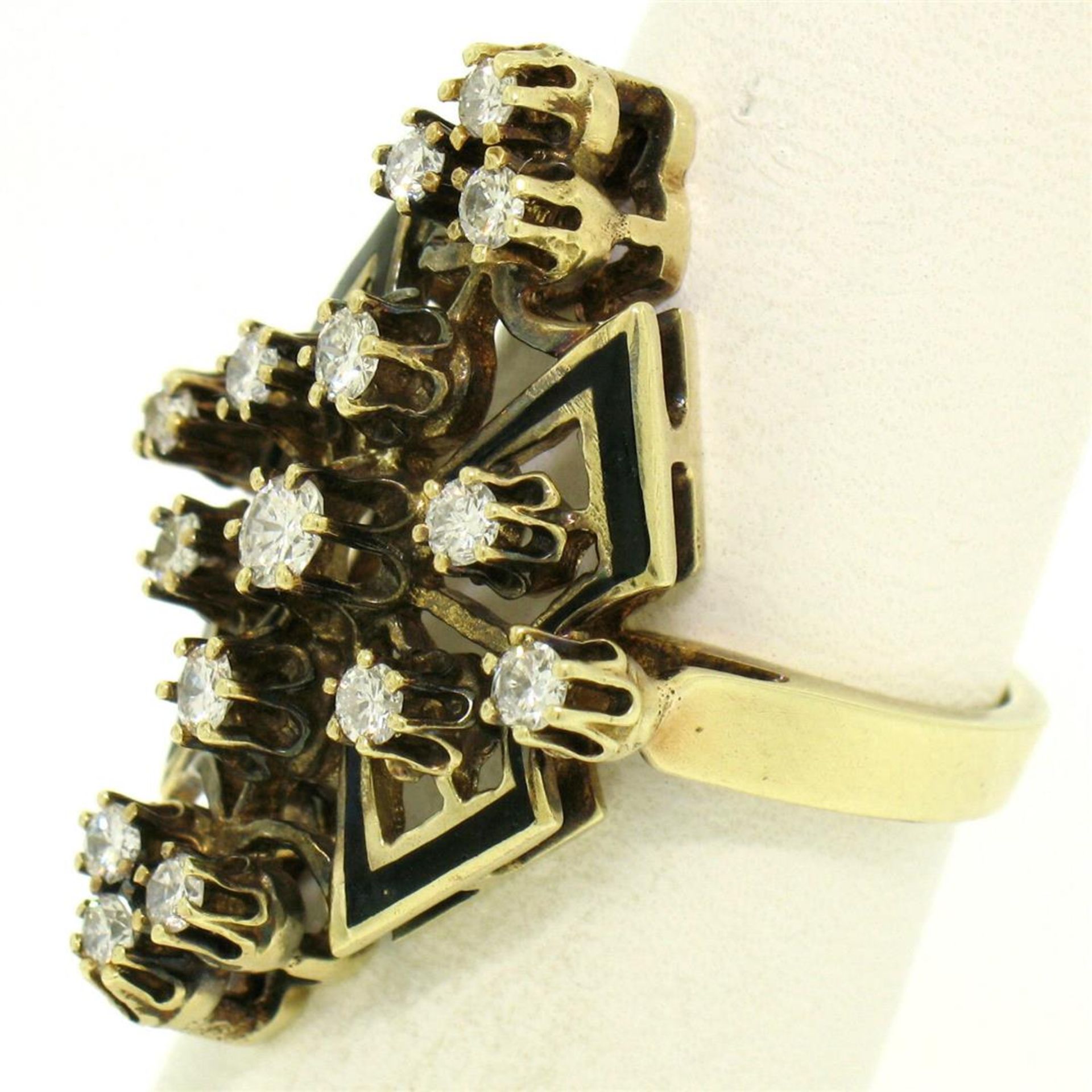 14k Yellow Gold .90 ctw Round Diamond Black Enamel Marquise Cocktail Ring - Image 6 of 8