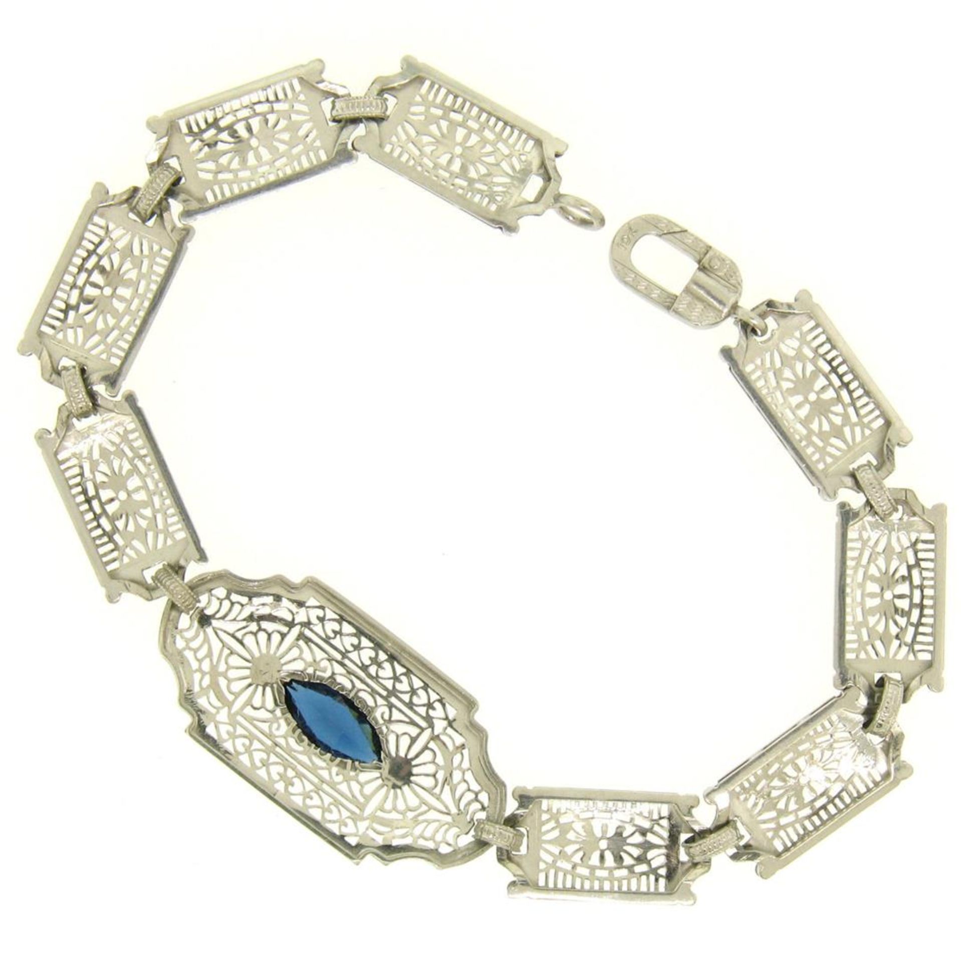 10k White Gold Filigree Link Bracelet w/ Marquise Sim Sapphire - Image 3 of 9