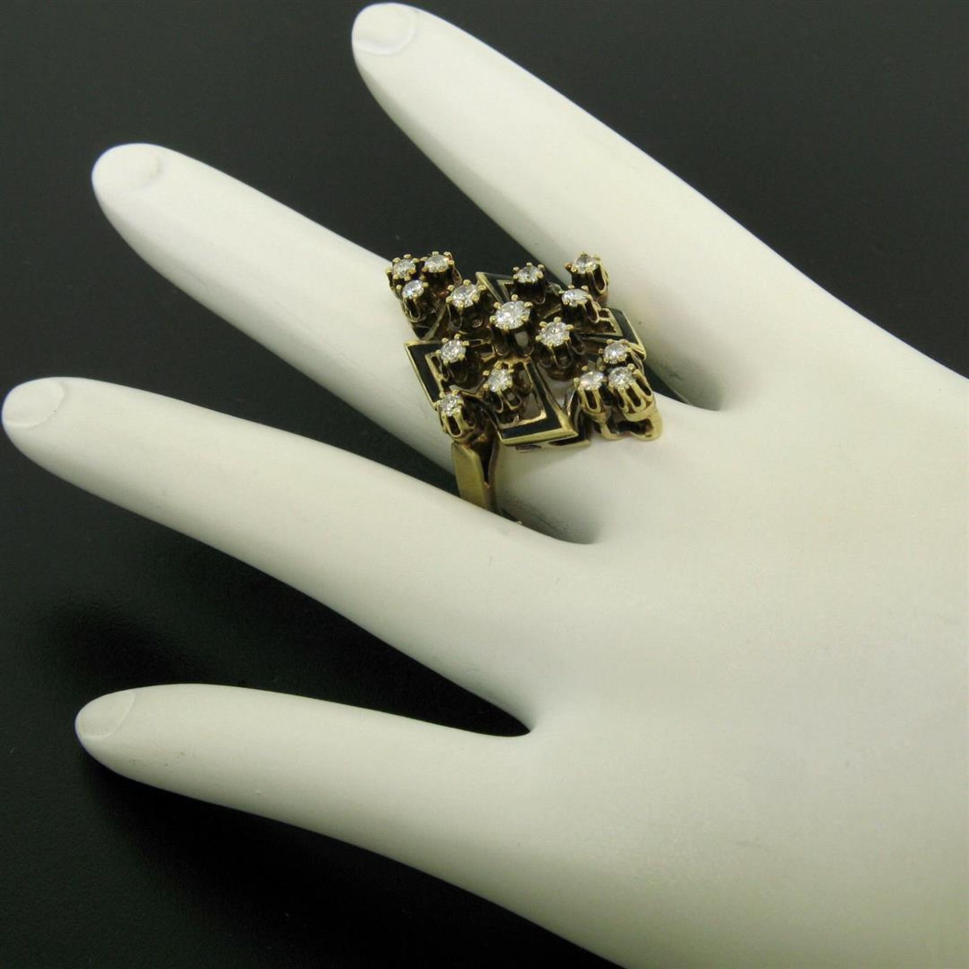 14k Yellow Gold .90 ctw Round Diamond Black Enamel Marquise Cocktail Ring - Image 3 of 8