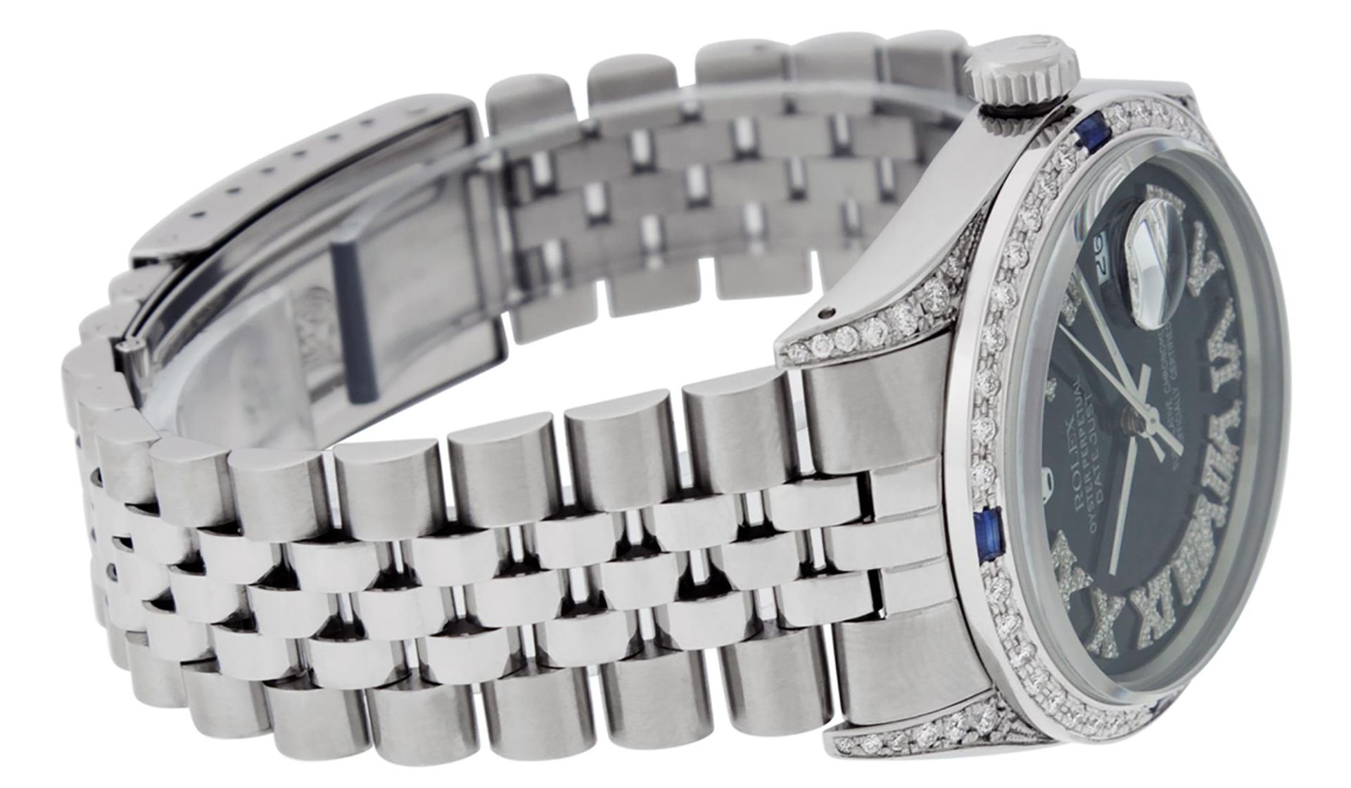 Rolex Mens Stainless Steel Black Roman Diamond Lugs & Sapphire Datejust Wristwat - Image 4 of 9