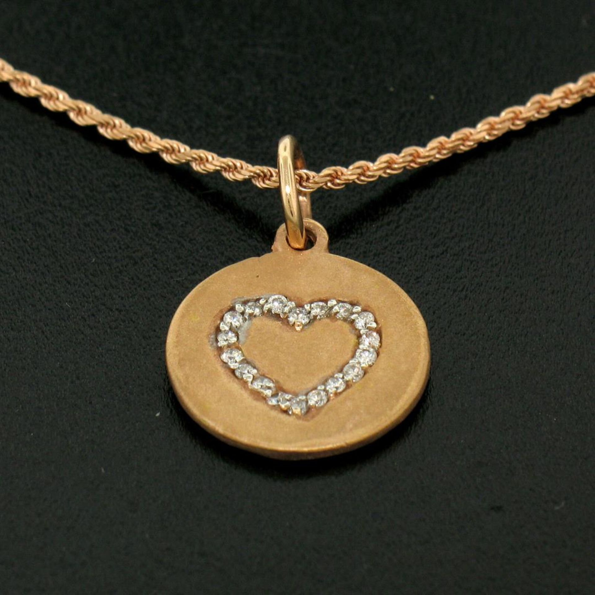 14K Rose Gold 0.13 ctw Diamond Open Heart Disc Pendant w/ 16" Rope Chain - Image 2 of 5
