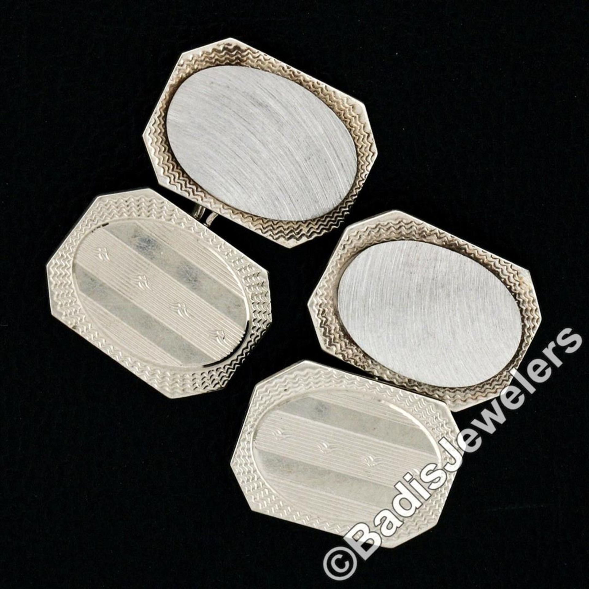 Antique Art Deco 14kt White Gold Etched Dual Panel Cuff Links - Image 2 of 5