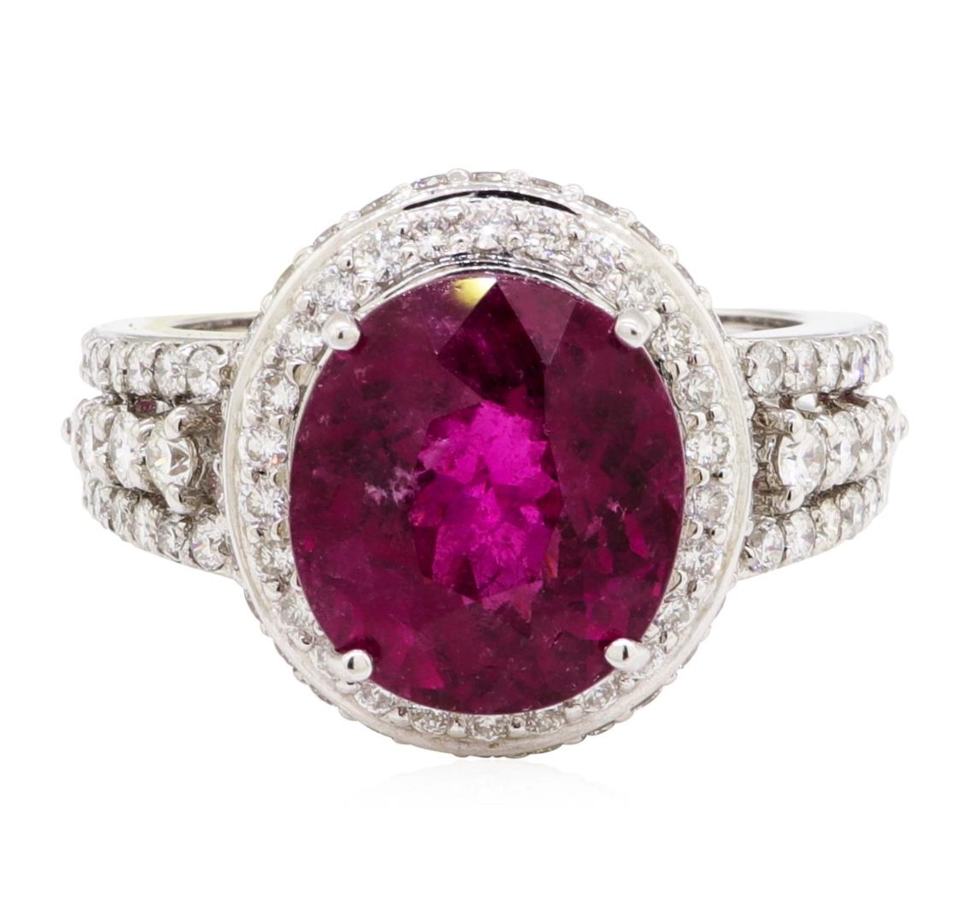 7.49 ctw Oval Mixed Rubellite And Round Brilliant Cut Diamond Ring - 18KT White - Image 2 of 5