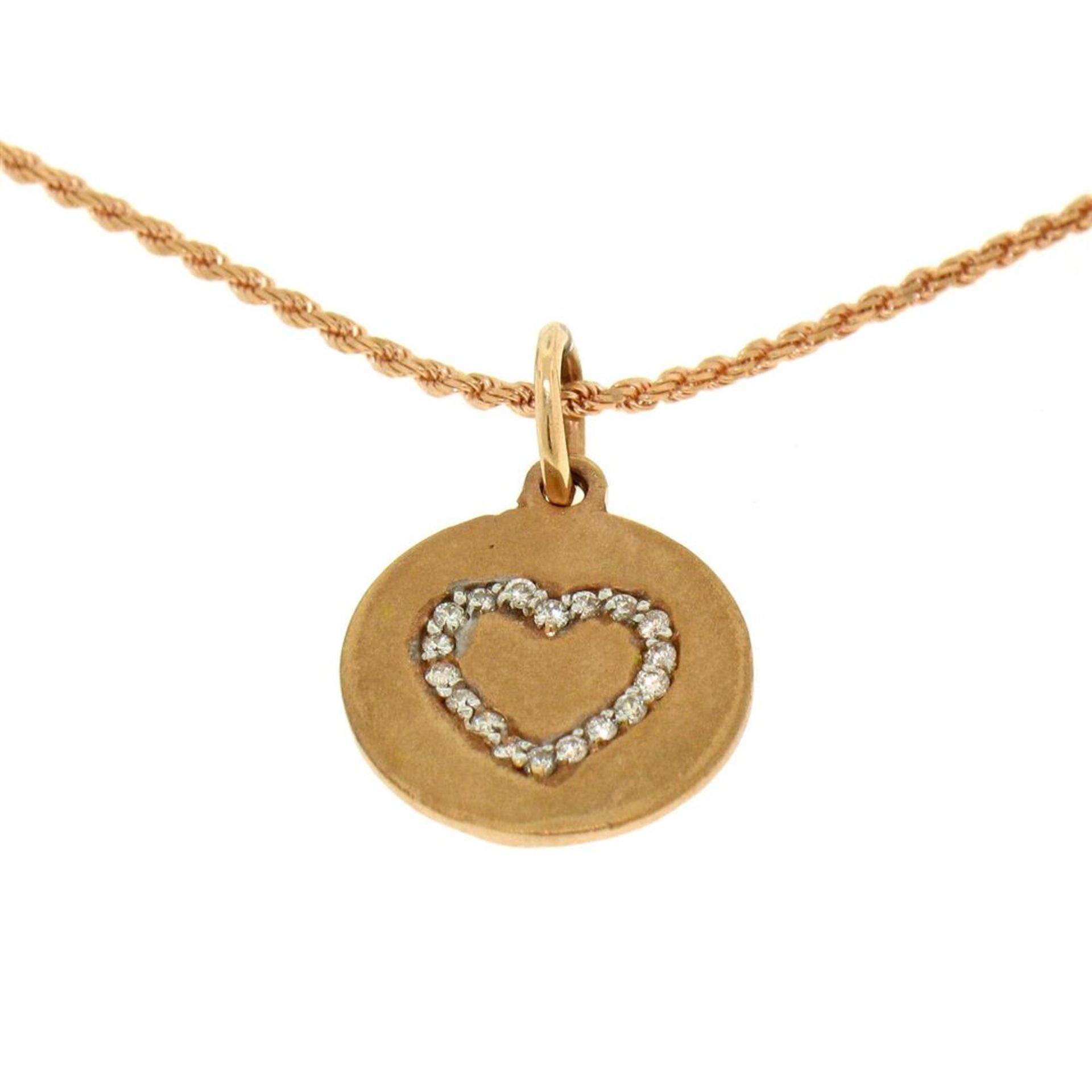 14K Rose Gold 0.13 ctw Diamond Open Heart Disc Pendant w/ 16" Rope Chain - Image 3 of 5